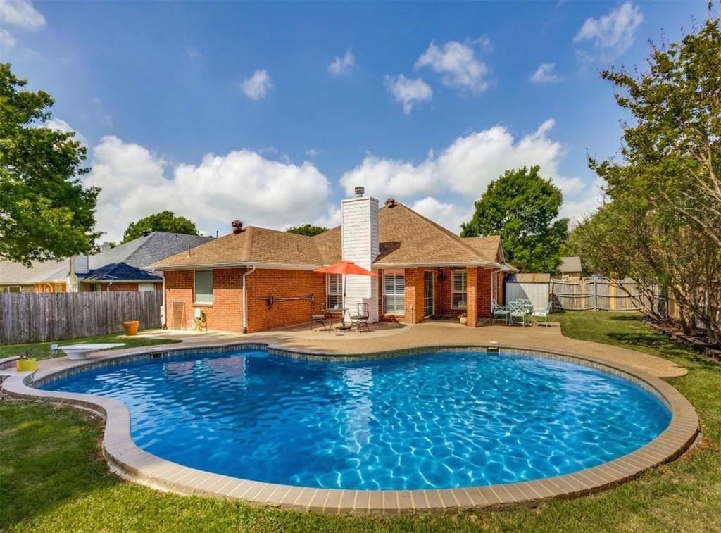 Beautifully maintained 1 story home in the heart of McKinney, Texas, zoned to highly regarded McKinney ISD. This 3 bedroom, 2 bath residence offers an open and inviting layout with tall ceilings, crown molding, plantation shutters, and a striking fireplace anchoring the living space. The updated kitchen features granite counters, subway tile backsplash, white cabinetry, stainless steel appliances, and pantry. The spacious primary suite includes dual sinks, granite counters, and an oversized frameless shower. Step outside to your private backyard retreat with a gorgeous diving pool, covered patio, and extended decking, perfect for entertaining or relaxing. Convenient to shopping, dining, and major commuting routes.