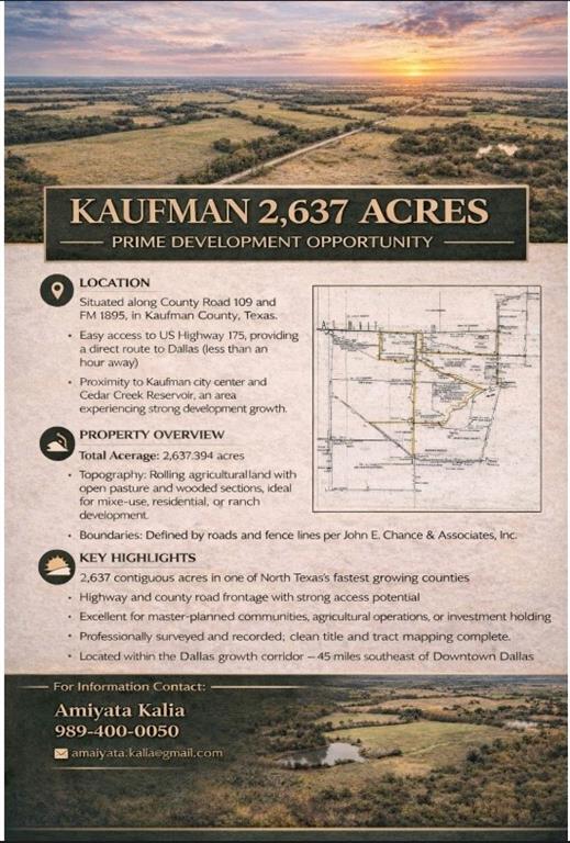 Rare opportunity to acquire 2,637± contiguous acres in rapidly growing Kaufman County, Texas. Currently Ag Exempt and located in unincorporated Kaufman County, this property offers significant long-term development potential with minimal restrictions