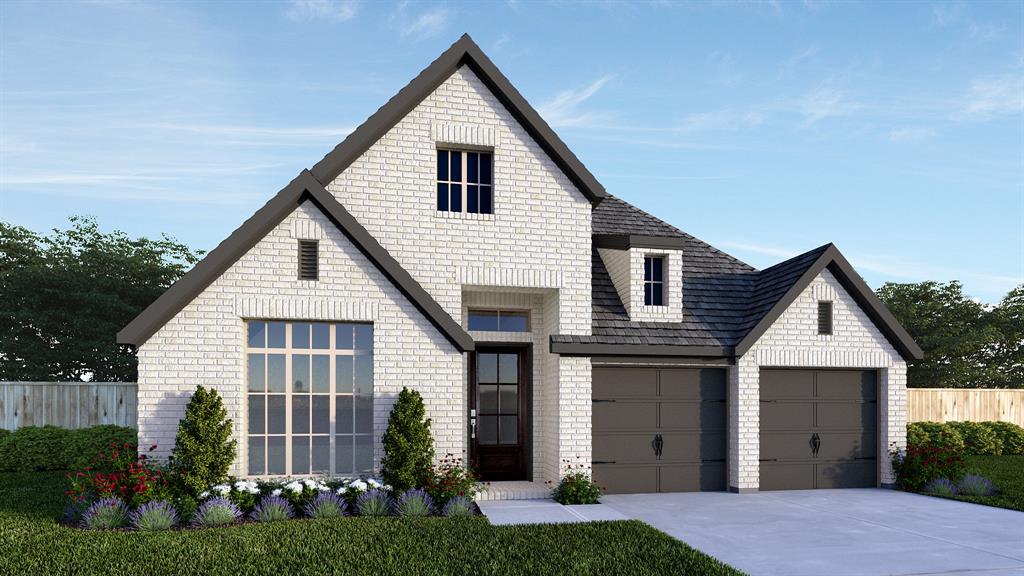 Welcoming front porch opens into an extended entryway adorned with 12-foot ceilings. French doors open into the private home office, located just off the entrance. Down the hallway, you will find the secondary bedrooms, each featuring walk-in closets and a shared full bathroom. Adjacent to the hallway, French doors open into the inviting game room, complete with three large windows. The open family room, featuring a wall of windows and a wood mantel fireplace seamlessly leads into the designated dining area. The corner kitchen boasts an inviting island with built-in seating, a 5-burner gas cooktop, and a walk-in pantry. Entering the primary bedroom, you are greeted with ample natural light from the three large windows. French doors lead into the primary suite, showcasing dual vanities, a freestanding tub, a glass enclosed shower, and two walk-in closets. A guest suite with a walk-in closet and private full bathroom is located off the main hallway. The utility room with an included linen closet is conveniently located adjacent to the game room. Outside includes a covered backyard patio. Completing the home is a two-car garage.