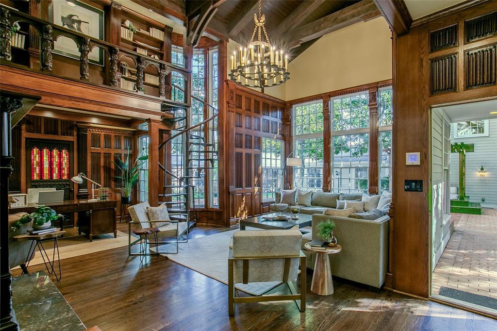 Built in 1930 and thoughtfully renovated in 2014, this rare property blends timeless craftsmanship with updated systems and finishes throughout. Offering approximately 4,200 sq. ft. of total living space, the home includes a 3,361 sq. ft. main residence and an 960 sq. ft. detached guest house.
Once home to Rose Driver’s Antiques from the 1940s to 1985, the residence retains touches of its rich past. The original store sign remains proudly displayed in the Great Room, which features 19th-century hand-carved linenfold paneling imported from England and a dramatic spiral staircase leading to a lofted bookcase.
Renovations in 2014 included new plumbing, electrical, mechanicals, windows, roof, and appliances, ensuring modern comfort while preserving the home’s unique character. The guest bath showcases floor-to-ceiling hand-cut glass tile and a restored cast-iron sink and tub in their original mint green finish.
The backyard evokes the charm of the French Quarter with brick courtyard walls and wrought iron gates, creating a serene and private outdoor setting. A detached three-car garage and guest suite add convenience and flexibility. The guest house includes ceramic tile floors currently topped with removable gym flooring, and its upper level offers a bedroom, living area, and full bath with plumbing in place for a future kitchenette—ideal for guests, extended family, or a rental opportunity.
A one-of-a-kind property that beautifully balances historic significance and modern functionality in one of Turtle Creek’s most desirable locations.