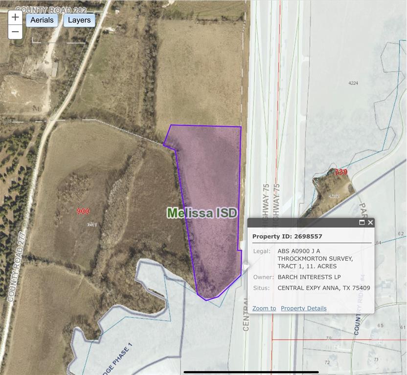 Seller completed a new survey, flood study and LOMR application. Offering 11 total acres. 8.1 acres will be buildable after current reclaimation project was completed. Approximately 1000 feet of frontage road. Sanitary sewer and electric utilities on-site. City of Melissa water approx one quarter mile to the south.  Land is in the county and Melissa ETJ. Permanent txdot approved drive with concrete culverts has been installed.