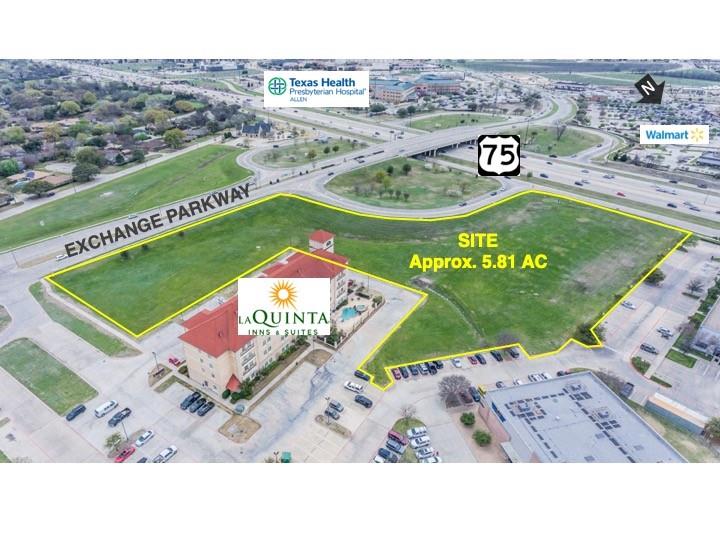 Approximately 5.81 acres of land for commercial development situated at the NEQ of North Central Expressway and Exchange Parkway with visibility from US Highway 75. Adjacent to LaQuinta Inn and Suites in the city limits of Allen, commercial zoning of SC (Shopping Center) within PD-58 (Planned Development District). High growth area with excellent traffic counts and daytime population, established medical, retail, and recreational destinations, and high density residential areas. Aerial video link in property website link on flyer in Documents. Buyer to verify all information.
