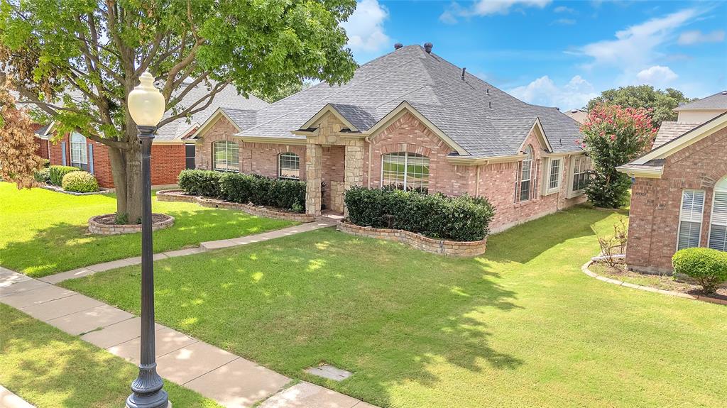 Beautifully maintained single-story home located in the highly desirable Hillcrest Estates community, zoned to top-rated Frisco ISD schools. This thoughtfully designed 3-bedroom, 2.5-bath home offers exceptional versatility with two spacious living areas, two dining areas, and a private study currently being used as a 4th bedroom. The inviting family room showcases a stunning stone fireplace, while the open formal living and dining spaces are perfect for entertaining guests. The bright kitchen features a large skylight, an island, and a breakfast bar—ideal for both everyday living and hosting gatherings. Step outside to enjoy a covered patio, perfect for relaxing evenings or weekend BBQs. Conveniently located near the Legacy business district, TX-121, and the Dallas North Tollway, offering easy access to shopping and entertainment at Stonebriar Centre and Allen Premium Outlets. This home also includes a refrigerator, washer and dryer, and RO system. Recently updated with fresh interior paint throughout, new carpet, and a garage finished with epoxy flooring.