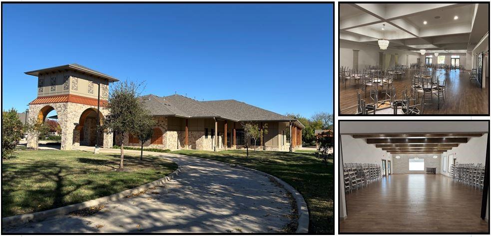 The property was developed as an Event Venue in 2019 with quality construction.   The site is 3.099 acres with two street frontages.  The building is a one story custom building with 10,084 SF of gross building area, but with another ~4200 SF of roof covered area for outdoor events with a waterfall and two fireplaces.    The FFE remains.   The layout has one large ballroom, one smaller ballroom, bride dressing suite, groom dressing suite, food prep room, office, and other restrooms.   There is one outdoor arbor and one outdoor pavilion.   Site improvements include a concrete paved parking lot with 141 spaces, landmark sign, LED light standards, fencing, and landscaping.   It is ideal for use as an event venue, meeting hall, religious facility, conversion to restaurant, etc..