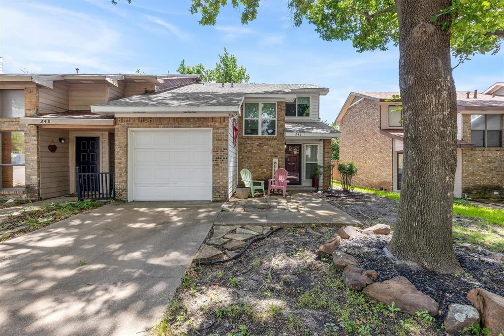Welcome home to this charming townhome nestled in an established neighborhood with convenient access to Central Expressway, shopping, dining, and everyday amenities. The open-concept floor plan maximizes every square foot, creating a comfortable and functional living space. The spacious living room features a cozy wood-burning fireplace and flows seamlessly into the dining area and kitchen, making it ideal for entertaining or daily living. The kitchen offers abundant cabinetry and generous storage space, providing plenty of room for cooking and organization. A convenient half bath is located on the first floor for guests. Upstairs, you'll find two generously sized bedrooms, both with walk-in closets, along with a full bath. Outside, enjoy a private fenced backyard complete with a covered patio and a grassy area perfect for pets, children, gardening, or relaxing outdoors. Whether you're a first-time homebuyer, downsizing, or looking for a low-maintenance lifestyle, this well-designed townhome offers comfort, convenience, and value in a prime location.