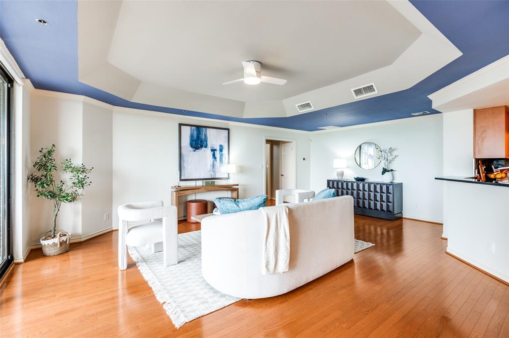 Incredible investment in HPISD -Stunning luxury highrise in this beautifully updated 3 bed and 3 bath condominium offering fabulous views . Designed to perfection , ideal for lock and leave and access to Highland Park ISD. This home has a great floor plan with sitting area in master , 2 walk in closets, and 2 other bedrooms with ensuite baths. Kitchen features  Sub zero refrigerator and other high end appliances . Electric shades recently added and 2 new HVACS. This condo is so pretty and best priced three bedroom unit in the building. Also includes 3 parking spaces and 3 storage units. Amenities include valet parking, 24-7 front desk, club room , resort syle pool , private cabanas , putting green, fitness center , and large outdoor grill area adjacent to the pool. Great location near shopping and restaurants and walking area.