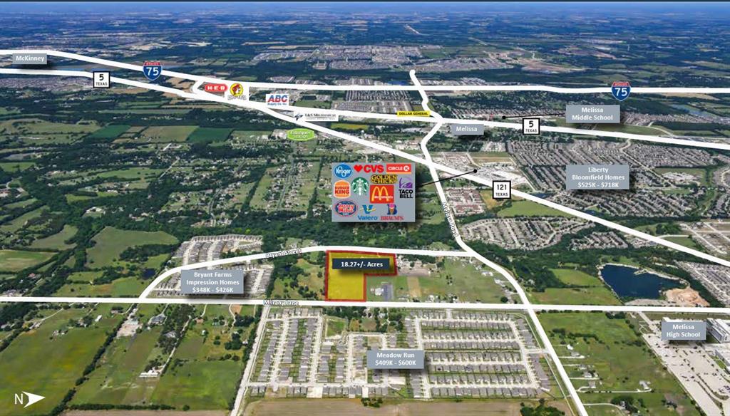 Vanguard Real Estate Advisors (“VREA”) is pleased to present qualified investors and developers the opportunity to acquire approximately 18.268+- acres located along Milrany Lane, in the rapidly growing city of Melissa, Texas. Approximately 6+- acres is zoned SF-3, which permits single-family development with minimum lot width of 60’. The remaining 12.27+- acres is zoned Agricultural.
The Site is located less than a mile southeast from State Highway-121, providing rapid access to McKinney and the greater North Texas area. Exponential growth and ongoing development in Melissa makes this Site highly desirable. The Site is well suited for a variety of potential uses through a potential rezone; such as mixed-use, multifamily, build-to-rent, commercial, and high density single family development. At an asking price of only $7.25 per square foot ($5,769,217 total) the Site represents a unique opportunity to purchase an exceptionally located property in one of DFW’s fastest growing areas.