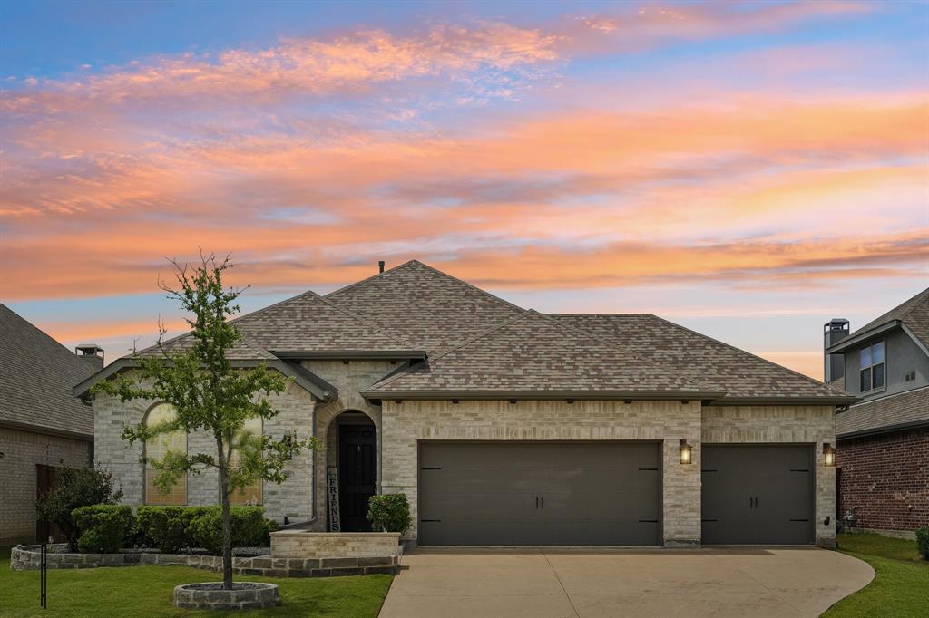 This 2020 Highland Home sits on a premium greenbelt lot in Trinity Falls with no front neighbors. The single-story plan offers 4 bedrooms, 3 full baths, a dedicated office, and a true 3-car garage (not tandem). Luxury vinyl plank flooring, solid core interior doors, and arched niches throughout the main living areas. The kitchen features a large quartz island, white shaker cabinets, gas cooktop with vented hood, subway tile backsplash, walk-in pantry, and pendant lighting over the island. Opens directly to the family room with vaulted ceiling, gas fireplace, and large windows overlooking the backyard. The extended primary suite includes an en-suite bath with a soaking tub, glass shower, marble-look tile, dual vanities, and walk-in closet. Three additional bedrooms and a dedicated office offer flexibility for kids, guests, work-from-home, or a gym. Tile-floor laundry with built-in cabinetry. Dimmer-controlled lighting in the main living and dining areas, timer-controlled front porch, and motion-activated lighting on the extended covered back patio. Room to add a pool. Whole-home water filtration system, tankless water heater, and smart thermostat. Move-in ready. Trinity Falls offers resort-style amenities including two pools, a fitness center, fishing lakes, miles of trails, parks, and an active social calendar. McKinney ISD with close proximity to Frazier Elementary. Zoned to Johnson Middle and McKinney North High School. Minutes to HEB, Buc-ee’s, and historic downtown McKinney