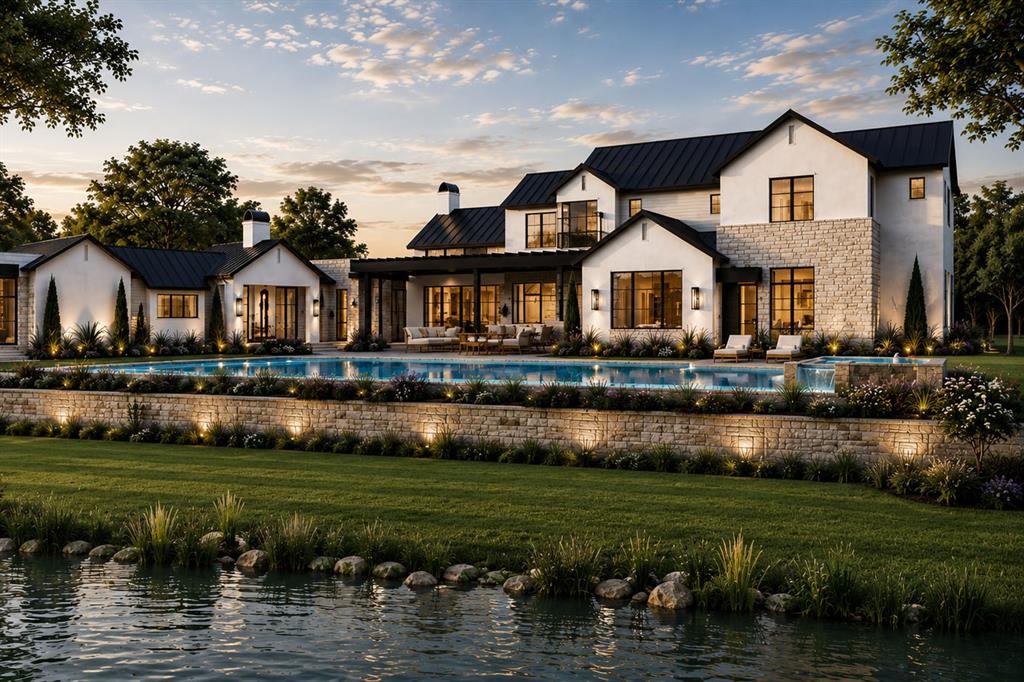 This exceptional Modern Transitional estate blends Contemporary Farmhouse design with refined Modern European architecture, creating a timeless luxury residence centered around privacyand resort-style living. This build by Sabre Luxury Homes, is positioned on a premier interior corner homesite, the property overlooks an expansive private pond shared exclusively by only five residences, offering a rare combination of tranquility and exclusivity. Designed to maximize natural light & water views, the home immediately captures attention upon entry with dramatic sightlines through the expansive living spaces to the resort-inspired backyard and pond beyond. Walls of glass throughout the residence create seamless indoor-outdoor connectivity while framing breathtaking views from nearly every room. The private primary wing was designed as a retreat, featuring a dedicated office with floor-to-ceiling windows, a luxurious primary suite with fireplace and private patio access, a spa-inspired bathroom, and a private exercise room exclusively accessible from the suite. The chef’s kitchen opens seamlessly to a vaulted-ceiling great room designed for everyday living and entertaining. A downstairs media lounge with full bar that overlooks the pool and pond, creating an unforgettable entertainment experience. A secondary first floor guest suite is privately positioned on the opposite wing of the home and includes an en-suite bath, direct pool access, and access to a private single car garage. Upstairs features an expansive game room or flex living space accompanied by an additional bonus room ideal for a study, creative space, secondary office, or additional storage. The dining room serves as an architectural focal point, highlighted by soaring cathedral-style windows and a dramatic glass wine showcase accent wall that elevates the home’s hospitality atmosphere. This residence was designed to deliver an extraordinary lifestyle experiencer in one of the area’s most exclusive settings.
