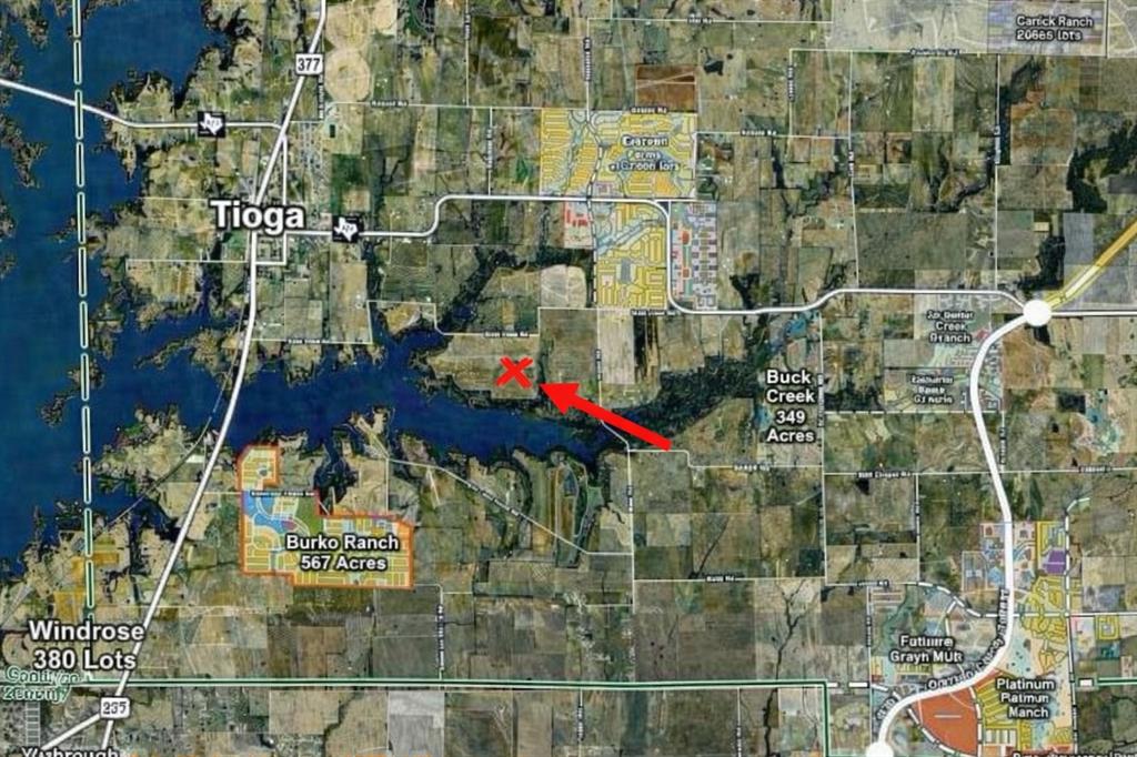 Discover a prime 99+ acre development opportunity in Tioga Texas. Established in 1917, a last piece of the Family owned -Walling Farm- is available for your consideration. This beautiful acreage is rich in local history and situated right in the hot seat of expansion. Currently Ag Exempt for nominal carrying costs. This site offers excellent hard road frontage, high utility topography, fertile ground, mature tree lines and backing to the waters of Lake Ray Roberts. Making this an extremely versatile choice for a variety of future uses. Surrounded by new and future developments Eastwell Farms, Buck Creek 368 Acres, Kimberlin Ranch, Double Platinum Ranch and more. Located 2 miles from Highway 377 and the City of Tioga, 1 mile from Hwy 121 and 3 miles from the Dallas North Tollway, this is in the direct line of growth! The City of Tioga has installed Water and Sewer just west on Buck Creek Road and there are utility lines at the road. This is a chance to secure a sizeable footprint in an agressive growth corridor!