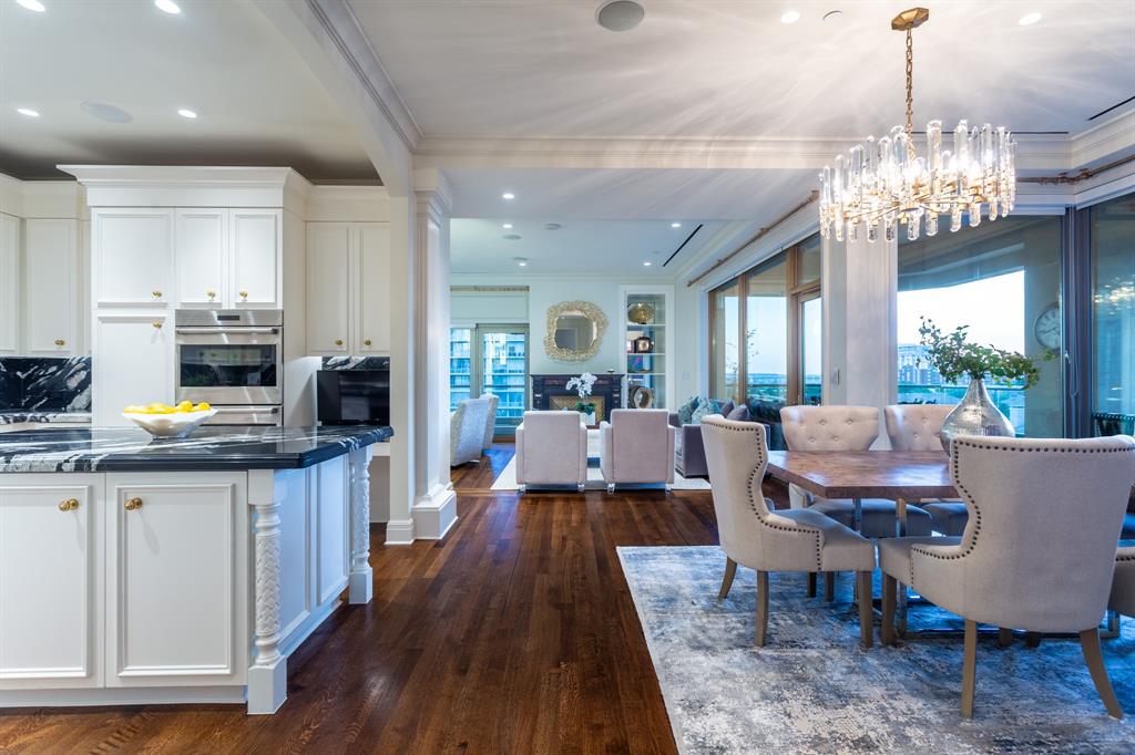 Unit taking a break. DO NOT CALL SELLER. Call agent with questions. Sophisticated Custom Stoneleigh Residence w direct access elevator to Private Vestibule. French doors lead to Entry Gallery. Beautifully appointed w 10 ft ceilings, Aspen Oak floors, black enamel doors, gold hardware & a dramatic Powder Room. The island kitchen is graced w custom cabinetry, striking Painted Horse marble & book-matched backsplash. Crystal Chandelier accents the Dining Area w silver storage closet. An antique French fireplace, built-ins & an impressive wet bar adorn the gracious Living Room that overlooks a large corner terrace w Skyline & Trinity Corridor views. Primary suite has a stunning white marble ensuite bath & Chanel boutique-type closet. The Guest-Office Suite features a marble bath. 5-star hotel amenities: concierge, valet, room service, Owner’s Lounge, 20-person theatre, banquet room & catering kitchen, outdoor FP, grill & resort-style pool. Grand lawn & Fitness Center with sauna & steam.
