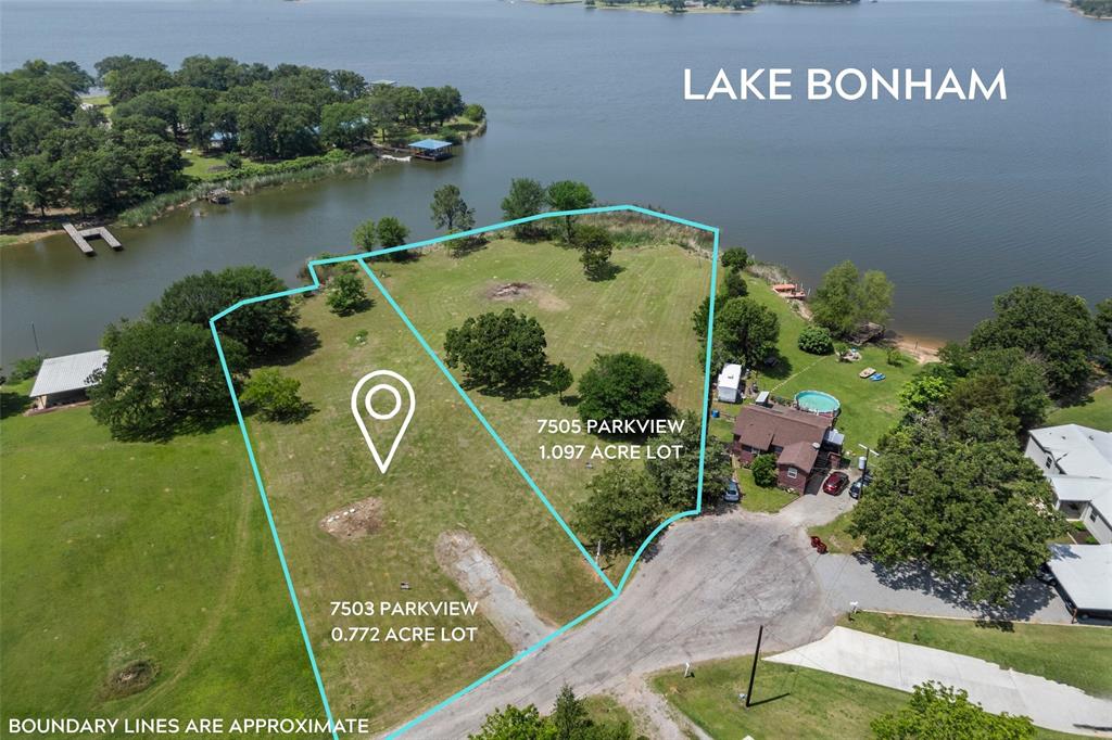 UNIQUE OPPORTUNITY TO BUILD YOUR DREAM LAKE HOUSE on the WATER - No build time requirement! Beautiful 0.772 ACRE waterfront cul de sac lot! Lake Bonham is perfect for fishing, water skiing, boating, tubing and jet skiing! Just 1 hour North of DFW. PERFECT OPPORTUNITY for you to LIVE THE LAKE LIFE! This lot already has an aerobic septic system installed on the property. AND 1.097 Acre waterfront lot for sale next door too - 7505 Parkview Drive, MLS 21250349. See survey in MLS back docs and in photos and  MLS documents for Parkview addition building requirements. Minimum 1,000 Sqft living area - excluding porches, patios, and garages. Minimum one-car garage. No manufactured or mobile homes. There are yellow flags on the lot for visualization estimation purposes only of boundary lines- Yellow and red flags down center between 2 lots- Must see survey in MLS docs for final boundary lines. Great Q and A for questions etc. available in MLS about these lots and Lake Bonham. It's time to WAKE AT THE LAKE!