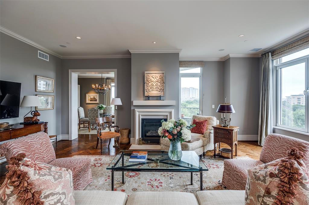 Elegant traditional Vendome residence offering sweeping views of downtown Dallas and Turtle Creek. Floor to ceiling windows open to six spacious terraces with views in three directions. Spacious primary suite with spa-inspired his and her baths and custom closets. Large kitchen with new appliances and Thermidor chef's range. Direct controlled-access elevator opens directly to a beautiful foyer and gallery. Many built-in features and custom closets throughout. Three parking spaces (232, 233, and 308) and a storage unit (S59). 

HOA monthly dues include all utilities except internet and cable. Vendome owners enjoy 24-7 valet and concierge services, an owner's living room, three guest suites, state-of-the-art fitness center, amazing resort-style pool, spa and cabanas, a dog park, and more. Walking distance to the Katy Trail, shopping, and outstanding local restaurants.