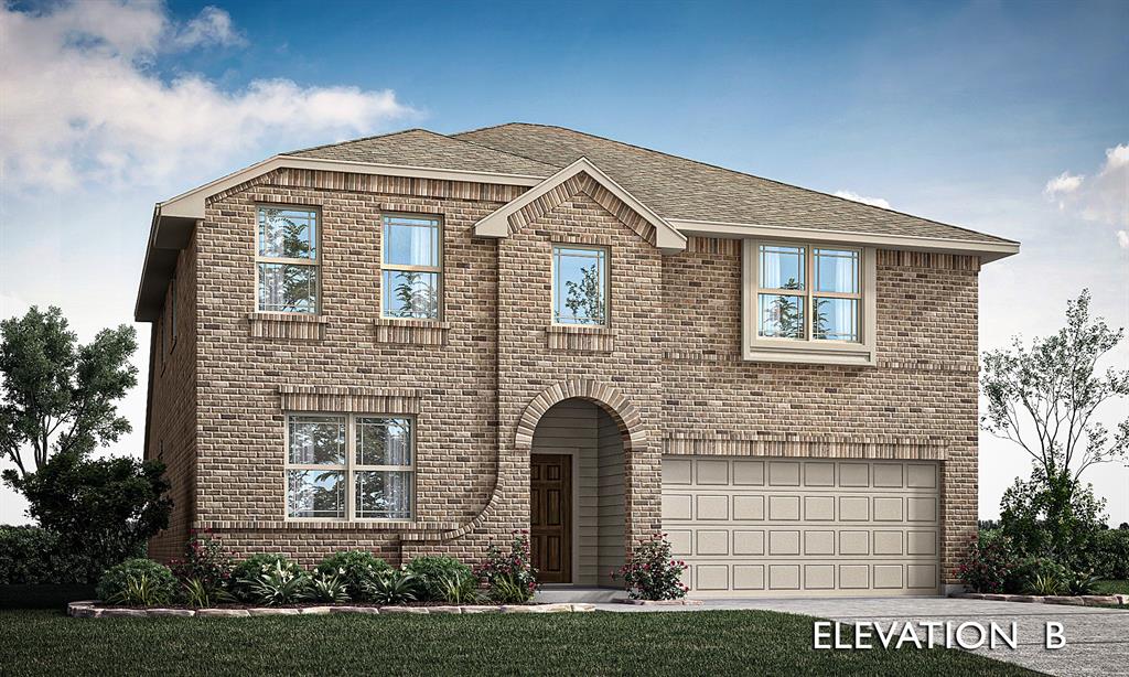 BRAND NEW! NEVER LIVED IN.  Bloomfield Homes Woodrose from the Element Series offers 5 bedrooms and 4 baths in a versatile two-story layout with a front-facing 2-car garage located in the Hulen Trails community. A classic brick elevation with arched entry detail creates strong curb appeal, enhanced by beautiful landscaping with stone edging that frames the home and adds a polished finish. The covered front porch welcomes you inside, where durable RevWood flooring flows throughout the main living areas for a cohesive look. The family room connects seamlessly to the kitchen and breakfast area, creating an open layout that feels functional and inviting. The kitchen stands out with quartz countertops, an upgraded backsplash, abundant cabinetry, and generous prep space. The primary suite offers a private retreat downstairs, complete with a deluxe bathroom featuring dual sinks, a garden tub, separate shower, and quartz countertops for a refined finish. Secondary baths are finished with granite countertops for durability and consistency. Upstairs expands the layout with 3 additional bedrooms, 2 full baths, and a large game room that offers flexible space for entertaining. Practical upgrades include 2-inch faux wood blinds throughout, full rain gutters, and a tankless water heater for added efficiency. Located in Hulen Trails, residents enjoy access to trails, a soccer field, community pool with bathhouse, playground, greenbelts, dog stations, and a neighborhood park. Call or visit the Bloomfield Homes model at Hulen Trails to learn more!