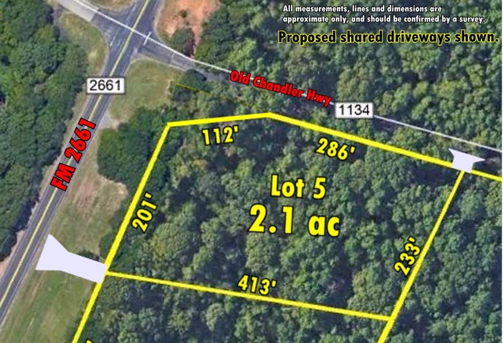 This is a great corner parcel with over 398' of road frontage on Old Chandler HWY and over 201' of frontage on FM 2661. Thisintersection is prime for a new business. Well elevated, easy access, great visibility, only 1 mile form Toll Road 49 and 6 miles to Tylerand 11.5 miles to I-20. Outside of Tyler City Limits, but inside of Tyler ETJ. The lot size shown is already surveyed Lot 1: 1.224 ac is$2.78 psf, $148,000 Lot 2: 3.00 ac is $2.08 psf, $272,000 Lot 3: 4.076 ac is $2.11 psf, $375,000 Lot 4: 2.537 ac is $3.26 psf, $360,000 Lot 5: 2.122 ac is $3.25 psf, $300,000
