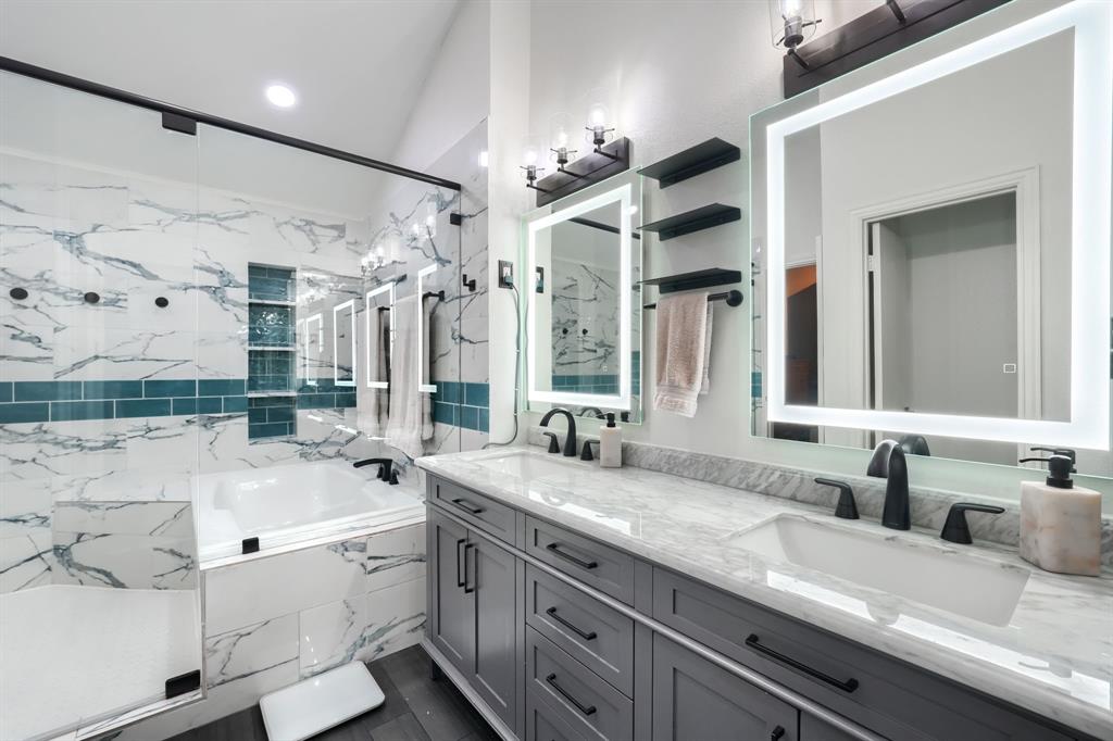 Welcome to this beautifully renovated home in the highly sought-after Trails neighborhood—a perfect blend of modern updates and timeless character in a warm, welcoming community. Step inside this inviting 4-bedroom, 2-bath home with a 2-car garage, designed for comfort, style, and effortless everyday living. The open layout features an upgraded kitchen with abundant quartz counter space and refreshed cabinetry, seamlessly connecting to a bright formal dining room highlighted by charming bay windows. The spacious living room offers a cozy fireplace and a relaxing atmosphere ideal for unwinding or entertaining. The primary suite feels like a private retreat, complete with a double vanity, walk-in shower, soaking tub, custom master closet system, and detailed finishes that elevate the space. Throughout the home, thoughtful updates include fresh paint, completely new AC system in 2023, new dishwasher in 2024, new water heater in 2025, slate flooring, decorative lighting, an 8-ft privacy fence, natural gas grill hookup, and an upgraded electrical panel with whole-home surge protection. The home's permanent app-controlled exterior lighting will also convey. A standout feature is the impressive room addition showcasing a heated endless pool— freshly renovated in 2025 with a new liner, new pump, and new swim system, it's a perfect oasis for year-round swimming, low-impact exercise, or fun for the kids. The foundation also comes with a transferable lifetime warranty for added peace of mind. Located just a 10 minute walk from Audubon Park, you’ll enjoy access to scenic trails, frisbee golf, playgrounds, pavilions, and a brand new $25 million waterpark opening this summer. The home is also conveniently close to Mesquite Golf Course, community centers, and a variety of shopping and dining options, offering the ideal balance of tranquility and convenience. A truly must-see property that’s ready to welcome you home.