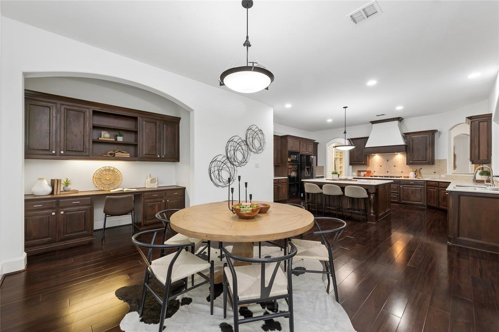 One-of-a-kind single-story home in highly sought-after Craig Ranch on a rare private 0.75+ acre greenbelt lot with mature trees and one of the largest backyards in the subdivision. Stunning Contemporary Mediterranean architect design, stucco home by Drees Custom Homes with upgraded tile roof and pristine condition throughout. Open layout with oversized rooms, arched doorways, rich moldings, abundant natural light, and prewiring throughout. Gourmet kitchen features huge island, bay-window breakfast room with built-in desk, double oven, and new gas cooktop. Spacious primary owner suite with views to the natural trees, enormous walk-in closet, large bathroom. Spacious secondary bedrooms; flexible 4th bedroom can serve as study. Game room with French doors. Mudroom with built-ins, utility room with sink, new lighting fixtures, and one brand new water heater. Covered patio with built-in fireplace overlooks private greenbelt and heavily treed backyard.  Surrounded by Cooper Fitness Trail, Craig Ranch Golf Course, parks, shopping, and restaurants with easy access to Hwy 121 and US-75. Located in acclaimed Frisco ISD with 3-car garage. Rare opportunity!