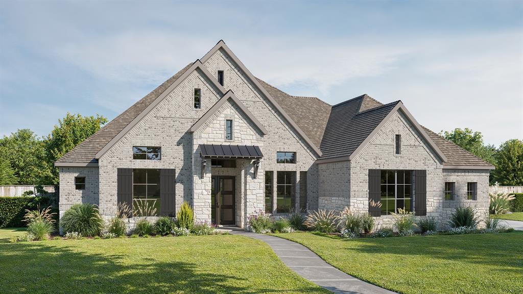 Featured on a half acre homesite. The welcoming front porch opens into the entryway of the home. French doors lead into the home office. Secondary bedrooms with walk-in closets and full bathrooms embrace the main hallway. The game room boasts French doors and three large windows. Adjacent to the game room is the formal dining room. As you enter the family room you are greeted by a wood mantel fireplace, hardwood floors throughout the main living area, and sliding glass doors. The morning area connects the space to the inviting kitchen which boasts an island with built-in seating, a 6-burner gas range cooktop ample counter space, and a large walk-in pantry. A guest suite is at the rear of the home and near the entrance to the backyard covered patio. A secluded primary bedroom offers a retreat and ample natural light from its wall of windows. Double doors lead into the bathroom which offers dual vanities, a freestanding tub, oversized glass shower, and two walk-in closets. The home features a media room which is off the kitchen and can be closed off with its French doors. The utility room and mud room are located off of the three-car garage.