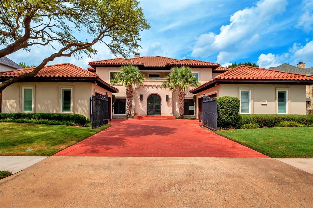 Exceptional opportunity to relax and enjoy life in this modern-Mediterranean estate located in Pebble Brook at Willow Bend with gorgeous views of the Queens eighth hole on The Gleneagles Golf Course. Designer choices set this home apart from all others in its class. Meticulously maintained and updated with plenty of open, usable space. The main level, with two adjoining living areas, boasts lofted ceilings, Italian limestone floors, an updated kitchen, and is framed by boundless windows overlooking the best view of Gleneagles golf course, a resort-style pool, and fire pit. The main level also features the primary suite enveloped by a gorgeous, coffered ceiling, and is accompanied by a large walk-in closet and brand new spa-style bathroom.  The second level boasts three additional bedrooms, each with its own ensuite bathroom, a game room, media room and balcony opening to a panoramic golf course view. A spacious four-car garage is fitted with a Tesla fast charger.