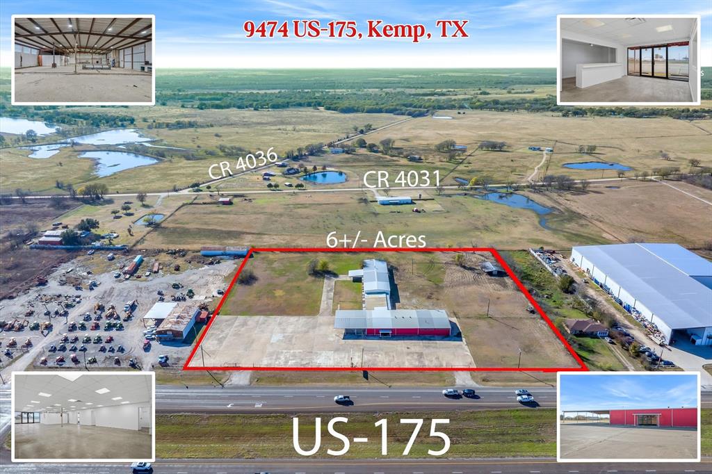 Prime commercial office and industrial opportunity with frontage on US 175 in Kemp, Texas, offering exceptional visibility, strong traffic exposure, and versatile functionality for owner users or investors. Located outside city limits with no known restrictions, this property provides flexibility rarely found along a major East Texas corridor. According to TXDOT, the average daily traffic count of 22,352 vehicles, delivering consistent exposure and long term value. The property sits on a spacious tract featuring over an acre of concrete parking and yard space, ideal for vehicle, RV, or trailer storage, fleet parking, customer access, or outdoor staging. A functional layout with dual entrances allows efficient ingress and egress for employees, customers, deliveries, and equipment. Interior improvements include updated office and showroom areas with fresh paint, modern lighting, a reception area, multiple private offices, restrooms, and flexible open workspace adaptable for professional, retail, or administrative use. The layout supports a range of business configurations including office headquarters or customer facing operations. The rear warehouse offers substantial industrial capability with wide open floor space, tall clear spans, and multiple oversized roll up doors suitable for equipment storage, fabrication, distribution, or light manufacturing. Additional interior rooms provide potential for breakrooms, offices, or specialized work areas. With prime highway frontage, high traffic count, extensive parking, large yard space, and adaptable improvements, this property is well suited for industrial trades, service based businesses, logistics, manufacturing, retail with warehouse support, or long term commercial investment. Opportunities with this level of exposure and infrastructure are increasingly rare. Whether you’re growing a company or looking for a strategic commercial site with major highway exposure, this one checks all the boxes.