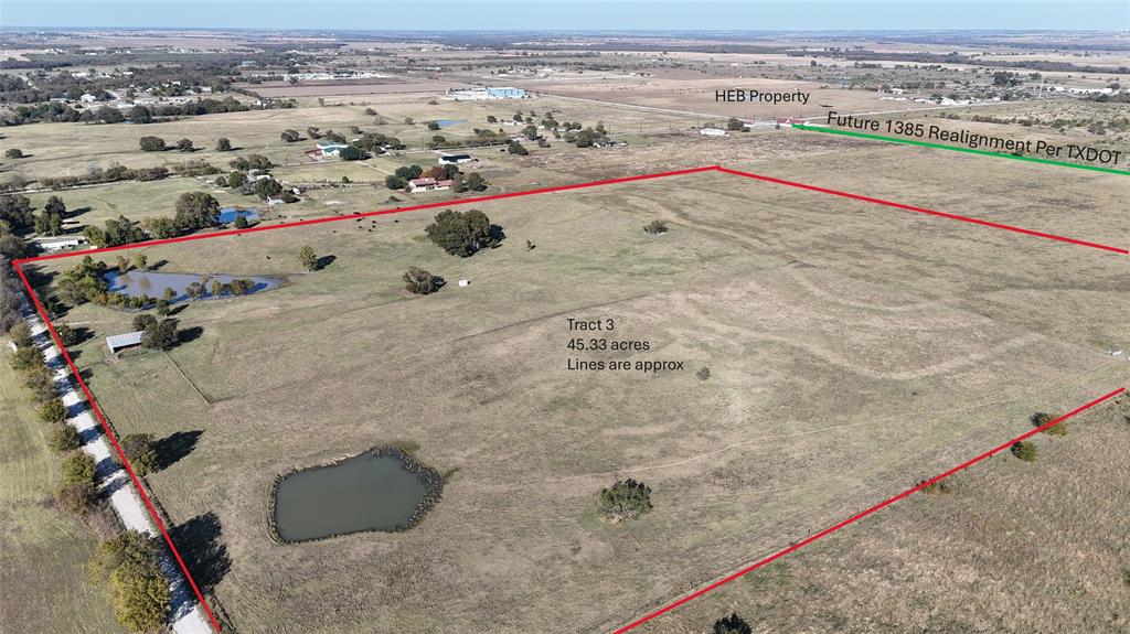 Prime 45.33-acre tract located just off Coffey Road, in close proximity to FM 1385 and Mustang Road. This property sits near the future H-E-B site and is surrounded by major residential and commercial developments. The planned realignment of FM 1385 will bring the roadway to within just a few hundred feet of the property, greatly enhancing accessibility and long-term value.

Ideal for investment, residential development, or future commercial use.

Disclaimer: All information contained herein is deemed reliable but not guaranteed. Buyer and buyer’s agent to verify all information, including but not limited to acreage, boundaries, zoning, schools, utilities, and development potential.