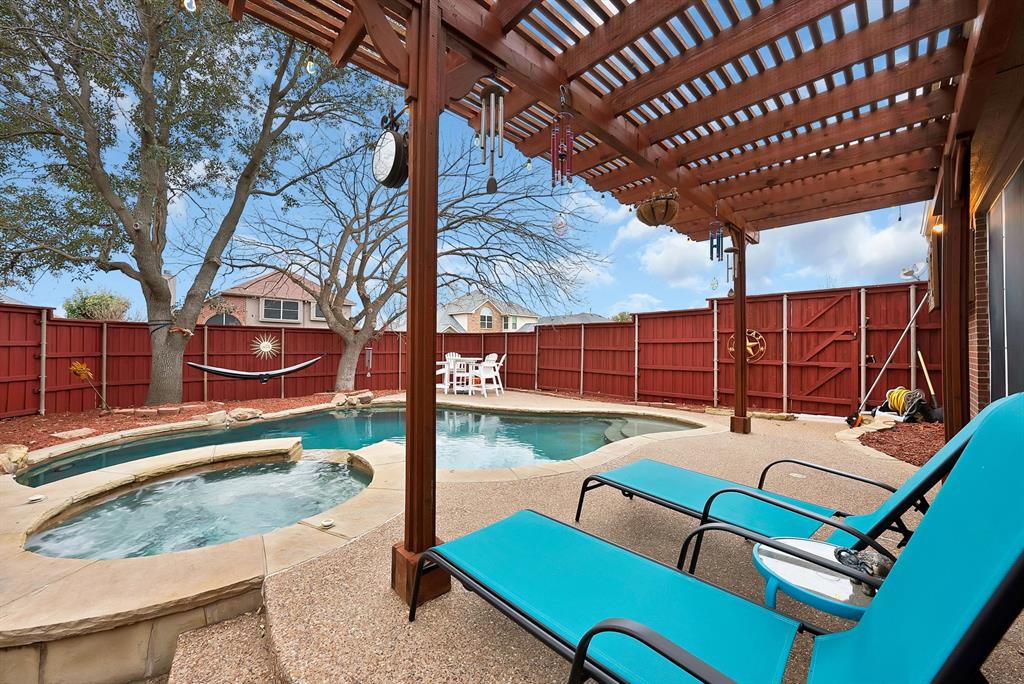 Welcome to 7609 Belcrest Drive in Frisco, Texas, a move in ready home nestled within an established neighborhood and zoned to highly sought after Frisco ISD schools! This East-Facing 4 bedroom, 2.5 bath home offers a functional, well balanced layout paired with a location that is hard to beat, with convenient access to the Dallas North Tollway, Preston Road, and an abundance of nearby shopping, dining, and entertainment! Upon entry, tall ceilings and a neutral color palette create a light, open atmosphere that feels both inviting and incredibly versatile for a variety of design styles. The formal dining area at the front of the home connects seamlessly to the kitchen, making everyday living and entertaining feel effortless. A flexible bonus room provides valuable optionality and can easily serve as a home office, library, additional living space, or even a potential fifth bedroom depending on your needs! The kitchen is designed with both style and practicality in mind, featuring quartz countertops that are just a year old, a granite sink, generous cabinet and counter space, stainless steel appliances, and a five burner gas cooktop. The spacious primary suite is conveniently located on the main level and offers a private retreat with an ensuite bath complete with dual vanities, a frameless glass shower, and a soaking tub. Upstairs, three additional bedrooms are complemented by a large secondary living or media area prewired for speakers, providing excellent separation and usable space! The backyard is equally impressive, highlighted by an inground pool and spa combination that creates the perfect setting for relaxing or entertaining during long Texas summers. This home delivers the space, flexibility, and location that today’s buyers consistently search for!