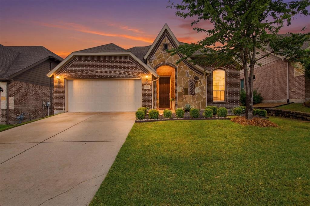 Wow, rare opportunity for a North facing home less than 10 years old in the Virginia and Hardin area of McKinney. Close to everything you need, and right across the road from Bonnie Wenk Park, which is over 200 acres with walking trails, 5 playgrounds, amphitheater dog park, fishing pond, food truck spaces, and so much more. This beautiful 1 story home with stone Tudor facade has on open floor plan and high ceilings with 3 bedrooms, 2 bathrooms, plus a designated office that could also be used as a 4th bedroom, den, play room, exercise room, anything you need. The primary suite is extended with a bay-bench-seat window overlooking the back yard. The kitchen has a great layout, walk-in pantry, and gas burner cooktop. It would also be easy to vent the cooktop to the outside because it's on an exterior wall. Other features and upgrades include beautiful hardwood floors, fans in all bedrooms, office, and living room, custom light fixtures, recently painted garage floor, brick all the way around the home including the back, full sprinkler system, and gutters. The biggest stand-out features of this home are the extended, covered back patio, the high interior ceilings, and finally, the canned lighting added in multiple rooms makes all the difference. You'll also appreciate the great landscaping work and proper erosion control down the sides of the home, while most other homes are a muddy mess on the sides. Schedule a showing today!