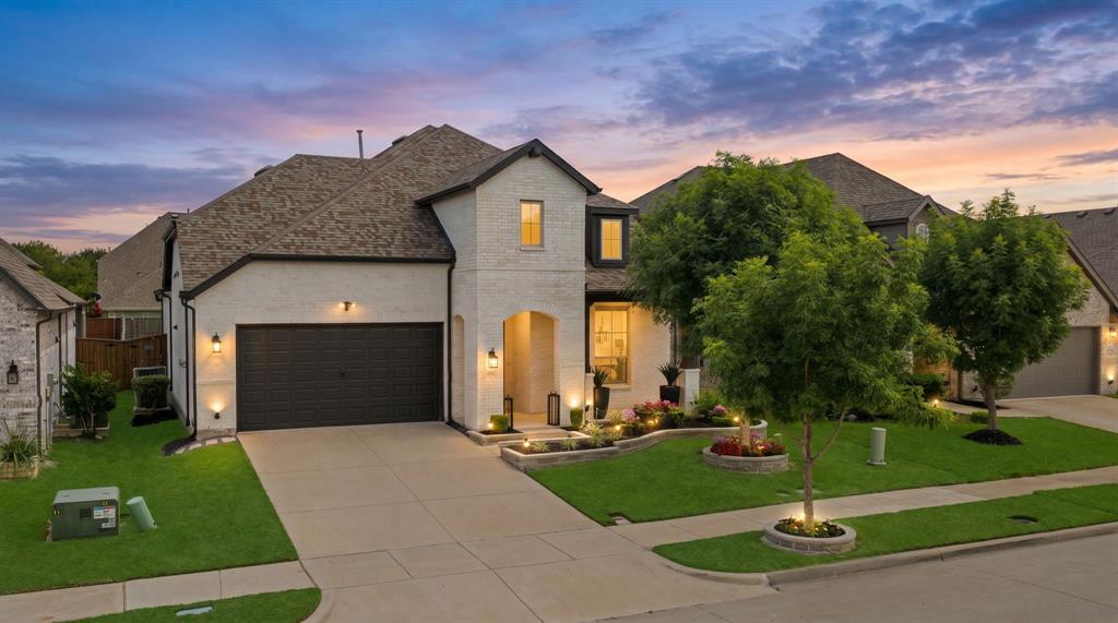 Meticulously maintained by its original owner, this quality-built Highland Home offers an extraordinary blend of style, functionality, & premium finishes that elevate it far above ordinary homes. With 2,855 sq ft across 4 bedrooms & 3 baths, this stunning two-story residence delivers space, sophistication, & smart design. The striking off-white brick exterior with black trim is complemented by hardscape stone flowerbeds & professionally designed landscaping that creates an impressive welcome, while the north-facing orientation provides natural shade to keep your home cooler during hot Texas summers & reduce energy costs. Step inside to discover a bright & inviting open floor plan with tile & luxury vinyl plank flooring flowing throughout the first level, where thoughtfully designed spaces seamlessly blend everyday comfort with entertaining elegance. The dedicated home office features elegant French doors & upgraded designer lighting, creating the ideal private workspace perfect for today's work from home lifestyle. The showstopper kitchen dazzles with gleaming quartz countertops, stainless steel appliances, a premium 4-burner gas cooktop, stacked microwave & oven, an oversized island offering abundant prep space and additional eating area, custom range hood, upgraded faucet, & designer cabinet hardware making it a true culinary dream. Escape to your spa-like primary retreat featuring bay windows that flood the space with natural light & an extended shower creating a luxurious experience enhanced by designer lighting. The versatile upper level includes a spacious loft plus separate media room providing endless possibilities for relaxation and recreation, along with two additional well-appointed bedrooms & a full bath. The entertainer's dream backyard features a custom oversized extended patio & sophisticatedly designed stone pathway perfect for Texas-style gatherings, weekend BBQs, or peaceful evening relaxation under the stars. This home truly checks all the boxes!