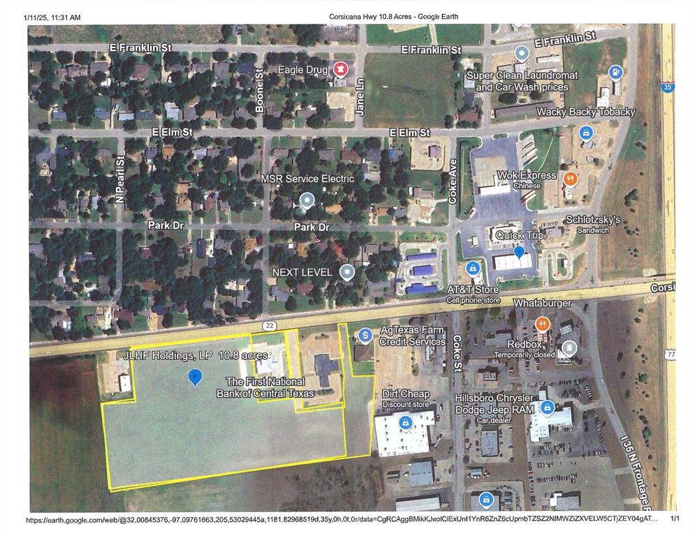 Commercial 10.8-acre property is in a prime location, ideal for various commercial developments such as retail, medical offices, strip centers, restaurants, hotels, grocery stores, and more. With tremendous potential for developers, the site is strategically anchored by Citizens National Bank, First National Bank of Central Texas, and an Urgent Care Clinic.  Located in the growing community of Hillsboro, the property offers excellent visibility and accessibility. It is situated within 2 miles of Buc-ee’s and directly across from QuickTrip and an AT&T store, ensuring consistent traffic flow. Proximity to Interstate 35 is a significant advantage, providing an easy commute to major cities, including Dallas, Fort Worth, Waco, and Austin.  
The sellers prefer to sell the property as a whole but will consider pad sites of at least 1.5 acres. Pricing for pad sites will be determined based on size and location, at the seller's discretion. Don’t miss this excellent opportunity to invest in a high-growth area with strong commercial potential.