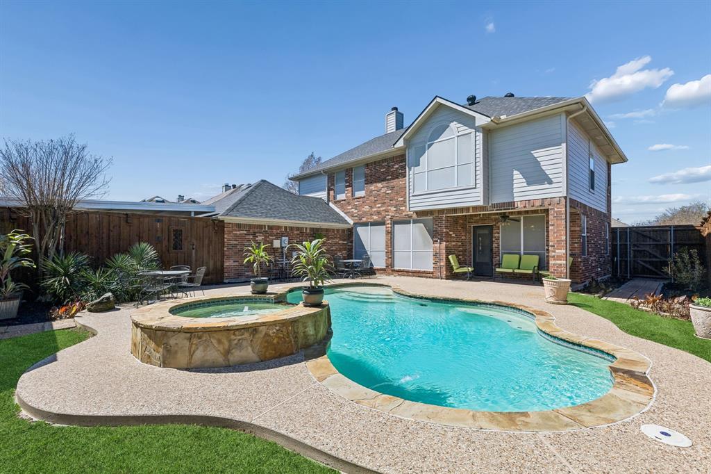 From its spacious two-story layout to a backyard oasis complete with a pool and spa, this beautifully maintained 4-bedroom, 3-bathroom home in Rowlett offers a comfortable and functional place to call home.

Inside, wood floors and neutral tones create a warm, inviting atmosphere. The main living room features a fireplace that anchors the space, while large windows fill the home with natural light. The kitchen is designed for both everyday living and entertaining, complete with granite countertops, stainless steel appliances, a kitchen island, ample cabinetry, and a charming breakfast nook.

The home offers a functional and flexible layout with a formal living area and dining room at the front of the home. Downstairs also includes a secondary bedroom, a full bathroom, and a conveniently located laundry room. Upstairs, you’ll find two additional bedrooms, a full bathroom, a spacious game room, and a generously sized primary suite featuring an ensuite bathroom and walk-in closet.

Step outside to enjoy the private backyard oasis, complete with a storage shed and plenty of space for outdoor entertaining. In addition to the 2-car garage, the property also includes a covered carport for extra parking.

Recent improvements include fresh paint throughout the house (March 2026), a roof replacement (2024), new gutters (2024), a freshly restrained fence (2024), and pool filter pump and all pool plumbing replaced (2023). Thoughtfully maintained and move-in ready, this home combines comfort, style, and a fantastic Rowlett location, convenient to shopping, dining, parks, and major roadways for easy commuting.