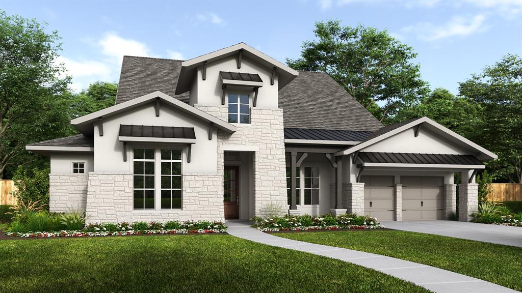 Home office with French doors set at entry. Formal dining room and game room with French doors frame extended entry. Family room with sliding glass doors and fireplace opens to morning area and kitchen. Kitchen hosts elongated island with built-in seating space. Primary suite includes bedroom with wall of windows. Dual vanities, freestanding tub, separate glass-enclosed shower and large walk-in closet in primary bath. All secondary bedrooms feature private baths. Soaring ceilings and large windows add to this generous four-bedroom design. Covered backyard patio. Mud room leads to three-car garage.