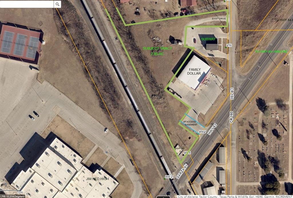 2.85 Acre Development Tract at the Entrance to the City of Tuscola next to Family Dollar And behind Subway on Hwy 83 & CR 160. The property has two approved Site Plans from the City, one for a 2800sf Retail Bldg with Drive-thru & 22 Unit Apartment Complex. The second Site Plan is approved for a 3500sf Retail or Office Building, and 7500sf Building for Office Warehouse, Storage, or other uses as approved by the City. The property is accessed by the existing driveway to Family Dollar which is a 35' Access Easement, and by CR 160 next to the Subway to the north. Water and electric are available to the property, with sewer to be tied into the existing pump station at the front of the property. The property can be divided into two tracts per the attached site plans, or as needed for the Buyers intended use or uses. Pricing for the front .5 Ac Retail Office Tract is $175, 000, and $195, 000 for the 2.35 acre Tract in the back that fronts on CR 160.