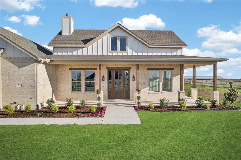 Custom-built masterpiece boasts stunning open floorplan. NO HOA on Acreage. Step inside to find soaring cathedral ceilings, rich wood beams & magnificent quartz stone fireplace. Luxurious master suite offers a spa-like bathroom complete with frameless glass shower sleek modern tile, & dual quartz sinks. Enormous built-in closet provides lots of storage space. Open-concept kitchen, features large walk-in pantry, trendy backsplash, elegant quartz countertops, shaker cabinets that extends to ceiling with glass upper cabinets & back lit lighting. Situated on approximately 1.10 acres, offering a serene country setting with mature trees, providing plenty of room for kids to play, family gatherings, or relaxing on the huge covered patio. Experience a perfect blend of luxury & tranquility in this modern farmhouse. Built with the highest energy efficiency in mind, home includes encapsulating foam insulation & sits on a durable peered & slab foundation, ensuring long lasting quality & comfort. Minutes from downtown Leonard that offers restaurants and shopping.
