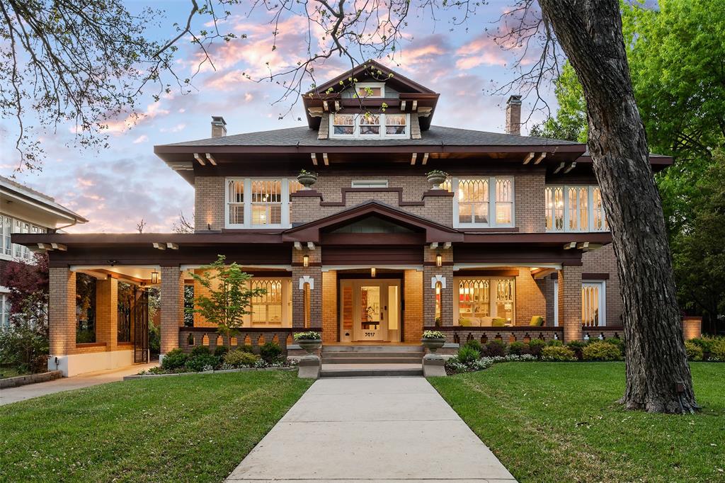 OFFER DEADLINE Sunday, April 24th at 8 PM.  A magnificent 1916 Prairie Foursquare on a large corner lot, 5647 Swiss Avenue has been meticulously updated with every attention to detail to be a top home on the street in terms of condition and style. Historical elements include an original Rookwood tile fireplace, a coal-burning furnace (now decorative), stained glass, molding and diamond-shaped windowpanes throughout. Period-appropriate and modern renovations make the home practical for a large family and include upgrades to HVAC, plumbing, pool and electrical systems. All bathrooms have been refreshed and spaces reimagined for modern living. The private backyard is great for entertaining or relaxing with a pool, spa and mix of grass and beautiful landscaping. The two-car detached garage includes a heated and cooled workshop plus guest quarters with bath and kitchenette. Check out the views of park-like Swiss Avenue from what one neighbor has called the best front porch on the street.