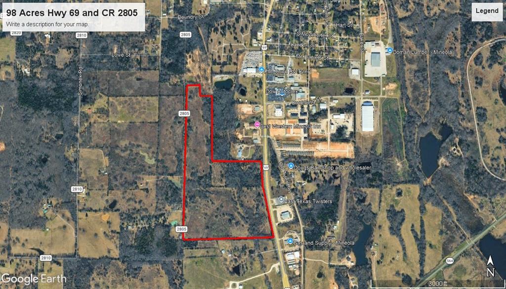 Great investment property ready to develop. The back 75 acres is ideal for residential development with 2,200 feet of road frontage on CR 2805 (Holland Rd) and 1,700 feet of road frontage on S Hwy 69, north of Loop 564 with easy access to Hwy 69. The front of the property is perfect for commercial development in a rapidly growing area.
