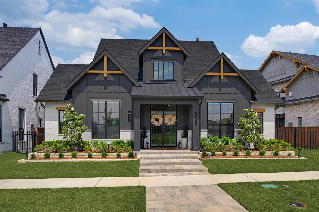 3240 Coral Hill Street is a one-story Huntington masterpiece in the heart of Frisco's Fields community, where every room was designed w intention, every fixture chosen w care, and every upgrade made w a buyer like you in mind. The  floor plan is one of the most livable one-story designs in Frisco. From the moment you walk through the impressive glass doors you know this home stands out from the rest. Designer chandeliers anchor the soaring family room. Light oak hardwood floors run throughout. Open concept living and dining areas, 4 bedrooms, 6 baths, media room, dedicated study w sliding glass doors and built in bookcase. Kitchen features  6-burner range w two ovens, pot-filler, cabinet-panel  fridge, dishwasher,  fixtures, custom cabinet hardware. A prep kitchen provides additional storage, countertop space, second fridge, oven and microwave. A spacious primary suite w spa ensuite features luxurious double shower and lighted mirrors. Stunning sliding glass doors create seamless indoor outdoor and living to covered patio w cozy fireplace, outdoor kitchen w granite countertop, sink and  range w stainless steel vent hood. Nice sized yard perfect for a pool, pool renderings are included. Climate-controlled 3 car garage has home gym w floor to ceiling mirrors. Laundry room w two full size stackable  washer-dryer sets. Beneath the beauty is an infrastructure built for the next owner's vision w a 400 amp electrical service upgrade, EV charger-ready.   Step outside and you are  across the street from a pocket park. Convenient access to Park, a 120 acre park directly adjacent to the neighborhood. The neighborhood has paved paths to the PGA. Close to the new amusement park. Proximity to Dallas North Tollway and I21 offers easy commute, access to shopping, dining and entertainment. One story homes at this level of finish are rare in Frisco