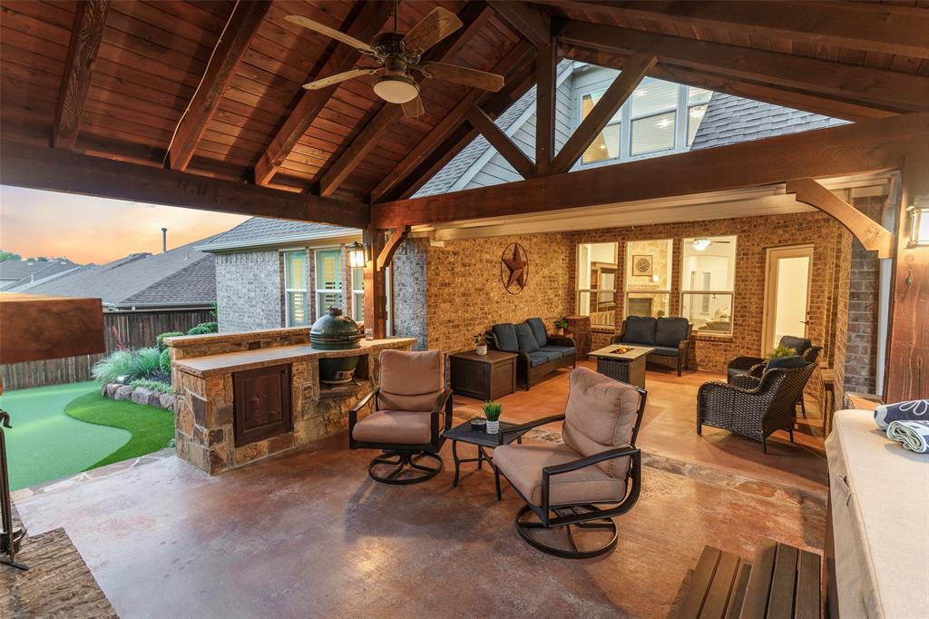 Welcome Home, Freshly repriced and offering exceptional value, where luxury, comfort, and outdoor living come together in one of McKinney's most sought-after master-planned communities. This stunning 1.5-story home offers the perfect blend of elegance and functionality, featuring 3 spacious bedrooms, 3.5 baths, a private home office, and an expansive upstairs game room. Originally built with a fourth bedroom, the dedicated office provides the ideal work-from-home space while maintaining flexibility for future needs. From the moment you step inside to soaring ceilings, rich hardwood floors, abundant natural light, and a thoughtfully designed open-concept layout. The chef-inspired kitchen, complete with custom cabinetry, granite countertops, stainless steel appliances, gas cooking, a large center island, and generous prep space, is perfect for everyday living and effortless entertaining. The kitchen flows seamlessly into the dining area and an inviting family room, where a floor-to-ceiling stone fireplace creates a warm, welcoming gathering space. The private primary retreat offers a peaceful escape with a cozy sitting area, plantation shutters, and a spa-like ensuite bath featuring dual vanities, a soaking tub, and an oversized walk-in shower. What truly sets this home apart is the backyard oasis. Designed for year-round enjoyment, this incredible outdoor living space feels like your own private resort. Relax beneath the vaulted, wood-beam-covered patio, entertain guests in the outdoor kitchen, unwind by the fireplace, soak in the hot tub, or perfect your short game on the professionally designed putting green. The game room offers endless possibilities as a playroom or guest retreat, with room to spread out and enjoy. Located just minutes from top-rated McKinney ISD schools, shopping, dining, golf, parks, and major commuter routes, this home delivers a lifestyle of luxury, flexibility, and unforgettable indoor-outdoor living. Your next Chapter Begins Here!