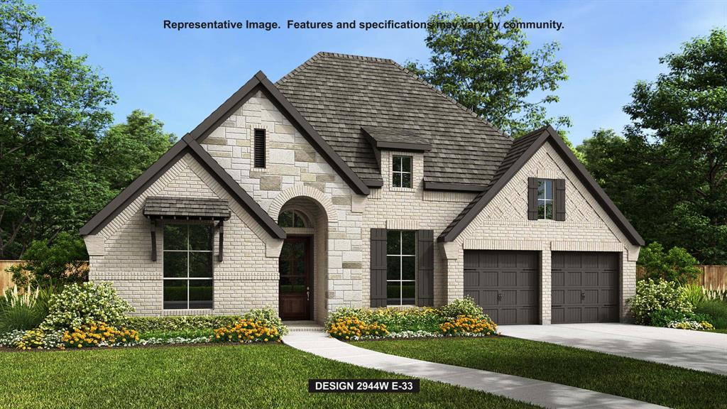 Home office with French doors set entry. Media room with French doors off extended entry. Formal dining room flows into open family room with wall of windows and a wood mantel fireplace. Hardwood floors throughout main living area. Kitchen features corner walk-in pantry, double wall oven, a 5-burner gas cooktop, and generous island with built-in seating space. Adjoining morning area features wall of windows. Primary suite includes double-door entry to primary bath with dual vanities, a freestanding tub, separate glass-shower and two walk-in closets. Guest suite offers private bath. High ceilings and abundant closet space add to this spacious four-bedroom design. Covered backyard patio. Mud room off three-car garage.