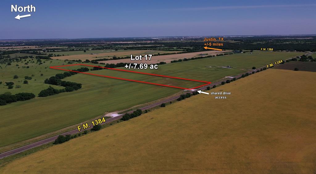 Lot outside the city limits of Justin, TX. Enjoy the country with the convenience to the city just minutes away! The lot is
located within Northwest ISD and there is no H.O.A., but deed restrictions are in place and are attached. Electric
available at the road. Construction has finished on the shared-driveways for this lot fronting FM 1384. Please do not
hesitate to reach out with any questions regarding this lot