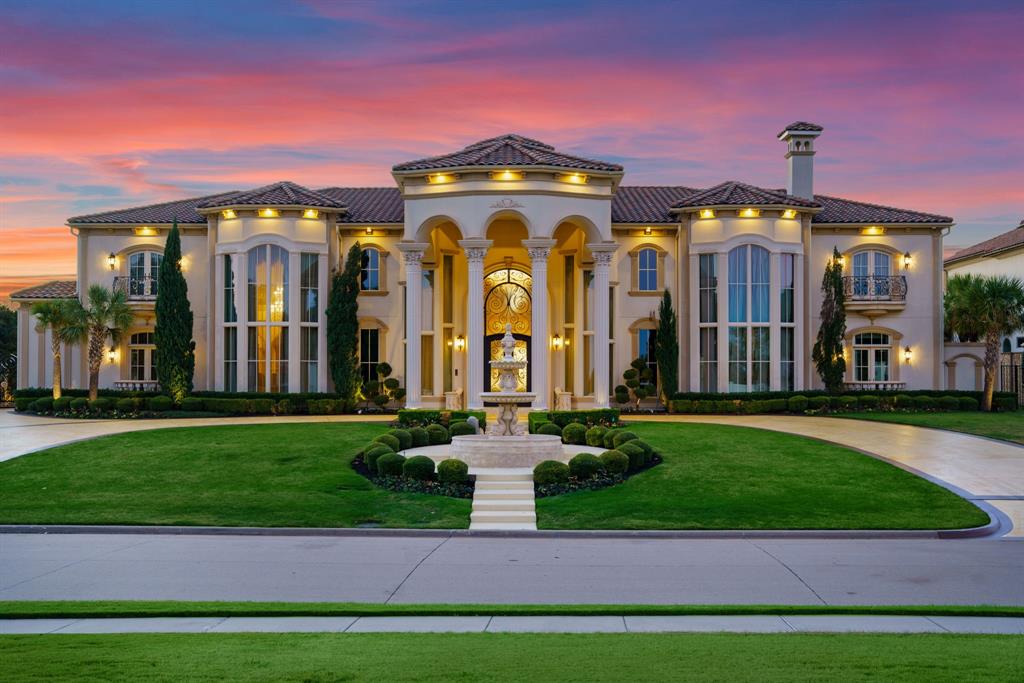 RARE OFFERING in guard-gated Kings Gate of Plano! This stunning Venetian-inspired estate by SIMMIE COOPER sits atop a hill on nearly 1 acre backing to greenbelt with breathtaking sunset views. Original owners present this architectural custom masterpiece featuring 6 bedroom suites, each with private baths, 6 full and 3 half baths, soaring hand-painted ceiling domes, and hand-carved Corinthian columns. Three exquisite motorized Swarovski chandeliers illuminate the grand spaces. Gourmet kitchen with built-in Viking appliances plus a separate full prep kitchen are perfect for entertaining large groups. The entertainment wing includes a 15-seat theater with motion seating and 163 inch screen, disco room with lighted floors and DJ booth, an expansive game room, and gym with sauna. Elevator serves all floors. A regal study with wood paneling and coffered ceilings offers a quiet place to work from home. Primary suite boasts dual custom closets, a fireplace, separate vanities, onyx countertops, and a Swarovski chandelier. Resort-style backyard features a pool, spa, fire pit, outdoor fireplace, full kitchen, and gazebo. Control 4 smart home system controls various aspects of the home from one screen. 4-car garage with epoxy floors and EV charging. This is luxury living with 5-star amenities and a chance to own one of the most beautiful architectural homes in Plano.