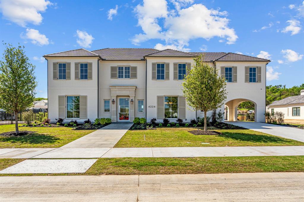 NEW Construction, French Transitional by Olerio Homes in guarded-gated Montrachet. Designed by Fort Worth Architects. Open-concept floor plan. Living area with fireplace and wine closet. The kitchen features an island, dbl ovens, gas cooktop, walk-in pantry and breakfast nook. A butler’s pantry connects the kitchen and formal dining.  Study with built-ins off the front entrance and an additional office space off the side entrance. Spacious patio with a fireplace off the main living area. First floor primary suite with a sitting area, custom walk-in closet and spa-like bath. Separate guest suite with ensuite bath, walk-in closet and private patio. Laundry room and powder bath on the both the first and second floor. Game room with a wet bar, flex space and 3 add’l ensuite bedrooms with walk-in closets on the second floor. Additional parking area between the porte cochere and attached 3-car garage with storage closet & open storage space. Electric & plumbing installed for future pool.