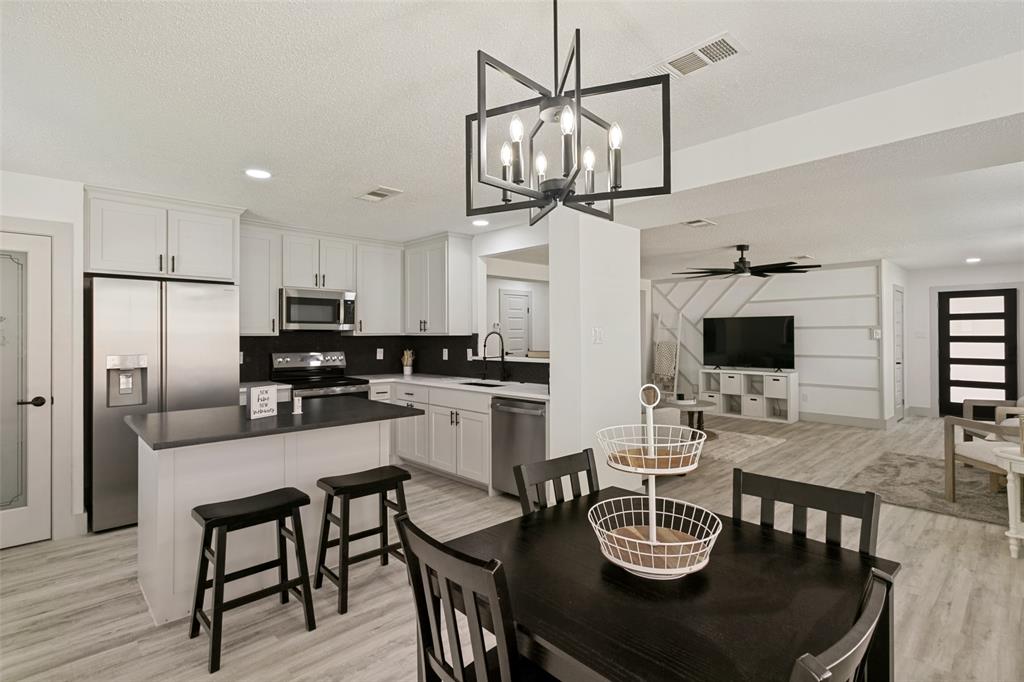 This stunningly updated home is a first-time home buyer's dream. Perfectly priced to accommodate buyers but does not fall short of modern yet stylish design. This property flows from an open concept family room to a chef style kitchen that includes a bar themed island, quartz countertops and a dining area for extra guests. Chef's kitchen also comes equipped with brand-new stainless-steel appliances. As you make your way through the home, you'll notice luxury vinyl plank floors and quartz countertops in the guest and primary bathrooms followed up by a custom glass shower and contemporary tub. Centrally located and surrounded by four major freeways the ease of going to work, going downtown, shopping, and dine-in restaurants are minutes within your grasp. 10 miles from the Cowboys Stadium and 12 miles from Six Flags over Texas this home is ideal for any family wanting to be in the center of it all.
