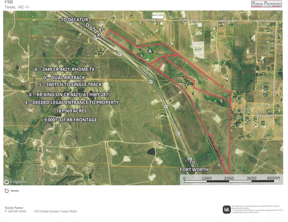THIS 181.57 ACRES WITH OWNERSHIP IN THE RHOME MEADOWS AIRPORT IS A TRULY EXCEPTIONAL CANDIDATE FOR A LARGE COMMERCIAL, INDUSTRIAL PARK AS WELL AS TO HAVE A RAIL SPUR FOR SERVICE TO THE ENTIRE DEVELOPMENT. THE LAYOUT OF IT ADJOINING THE RAILROAD TRACKS FOR OVER 9,000’ GIVES WAY FOR A LENGTHY SPUR THAT COULD EASILY PARK THE ENTIRE COAL TRAIN ON IT! THERE IS NO WHERE ELSE THAT A SPUR CONNECTION CAN BE ADDED EASIER AND LESS COSTLY THAN HERE. NOT TO MENTION, THE DOWNTIME TO THE REGULAR RAIL SERVICE WILL BE LESS THAN ANYWHERE DUE TO THE CONNECTION LOCATION. WITH ONLY THE INSTALLATION OF THE SWITCH FOR THE SPUR ITSELF THE RAIL SERVICE CAN BE RETURNED TO SERVICE WITHOUT DELAY. ONCE THE CONSTRUCTION OF THE SPUR IS COMPLETE THEN THE SWITCH IS TURNED TO PUT THE SPUR INTO SERVICE WHEN IT IS NEEDED. AGAIN, THE EASIEST, LEAST COSTLY AND LEAST AMOUNT OF DOWNTIME TO NORMAL SERVICE. EVERYONE INVOLVED WILL BENEFIT FROM THIS PRIMARILY THE RAILROAD ITSELF! SEE THE DRONE VIDEO, STILLS AND PLATS THAT SHOW THE DUAL TRACKS AND SITE FOR THE SPUR SWITCH! The property lays out where numerous buildings whether manufacturing, warehouse storages, industry of all kinds can be put in place and have service to the rail spur that would off load materials and supplies and to haul your products to their desired locations. The property currently has a 3,019 sq ft house with a small shop and office space that can be used for a facility house, watchman’s house, construction office or whatever is needed. The location of the property makes this a perfect place for this type of development being approximately halfway between Decatur and Rhome and not only fronts the railroad but also sits right on Hwy 287 for perfect highway access as needed. THIS PROPERTY ITSELF GIVES WAY TO A LARGE GREAT DEVELOPMENT FOR THE FUTURE TO COME NOT TO MENTION HAS THE CAPABILITY FOR MORE SPACE AND FUTURE GROWTH TO ADD TO IT!  DEVELOPERS AND INVESTORS CHECK THIS OUT! IT IS PRICED TO SELL! CALL TODAY FOR MORE INFORMATION!