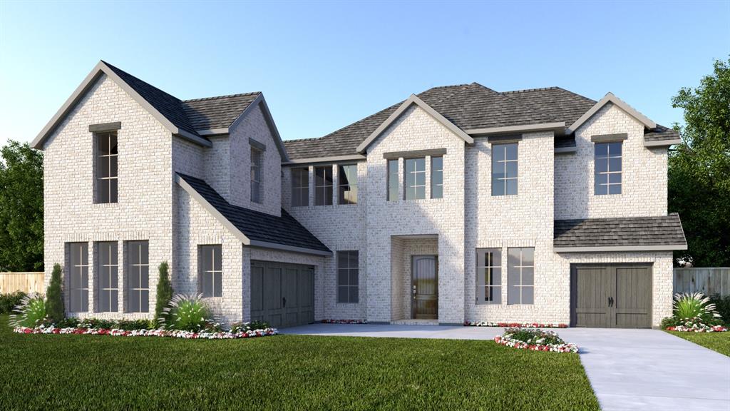 Two-story entry. Home office with French doors. Formal dining room. Family room features a fireplace and sliding glass doors. Kitchen has an island with built-in seating space and a large walk-in pantry. Guest suite located on the first floor. Private primary suite features a wall of windows. Primary bath with dual vanities, freestanding tub, separate glass-enclosed shower and two walk-in closets. Secondary bedrooms and media room complete the second floor. Extended covered backyard patio and an exterior fireplace. Three-car split garage.