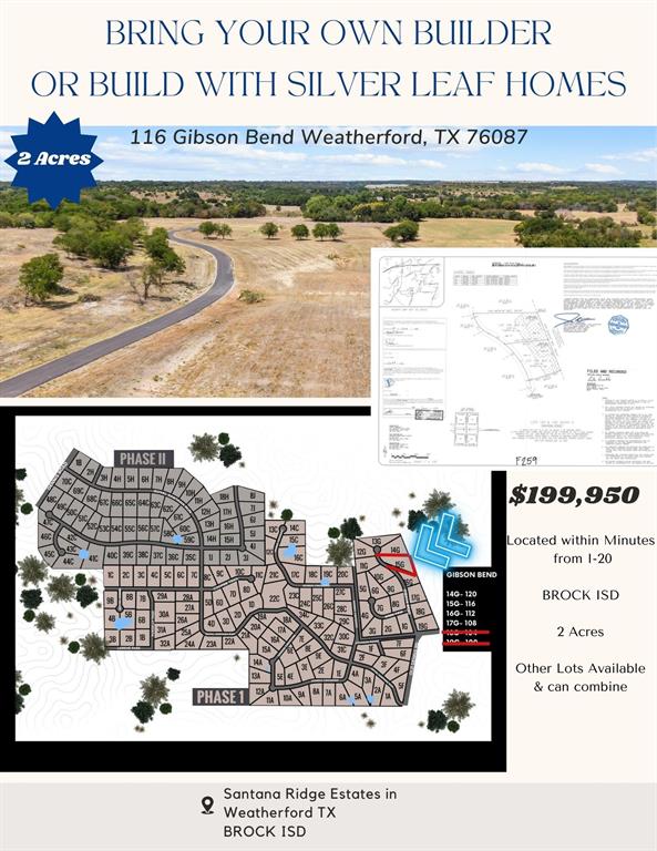 Two Acres in the desired Santana Ridge Estates, BROCK ISD. Minutes from I-20! Come Build your Custom Home with Silver Leaf Homes or Purchase Land only & Bring your own Builder! Don't miss this opportunity to build in the neighborhood. Silver Leaf Homes builds 300+ homes a year all over DFW, your Custom Home would be in great hands with them. Have a Builder you have already been dreaming to use? Silver Leaf will sell the land only to you!