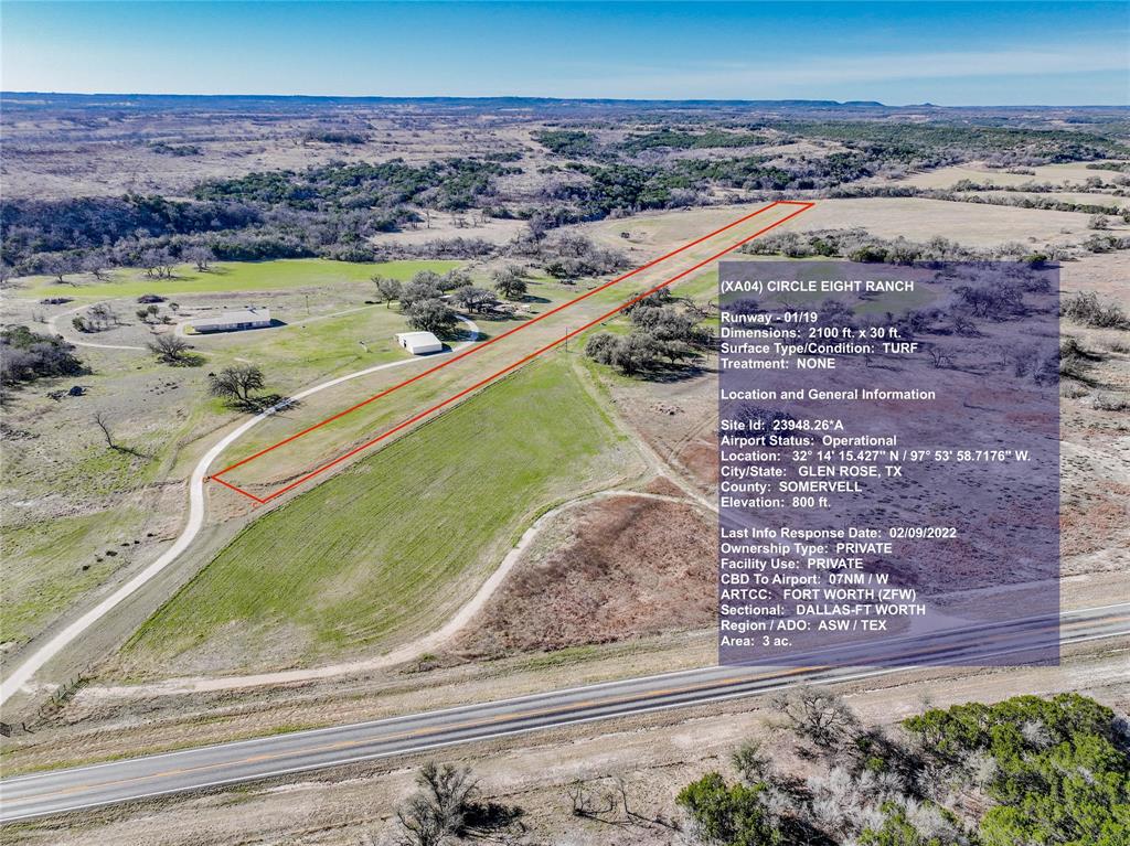 Over 242 acres in North Central Texas.  PERFECT LOCATION FOR PRIVATE FLY IN RANCH, WEEKEND RETREAT, WORKING CATTLE OR HORSE FARM, BED AND BREAKFAST, DUDE RANCH, CORPORATE RETREAT, WILDLIFE MANAGMENT- POSSIBLITIES ENDLESS! Circle Eight Ranch, a fourth-generation ranch that began as a dude ranch! Centrally located close to historic Glen Rose -10 miles-and Granbury -18 miles-, only -85 miles to Dallas , 63 miles-to Fort Worth, and Austin is 160 miles- Located along FM 205 with .6 miles of paved road frontage.  Rough Creek  cuts the property nearly in half, as well as three big hills with elevation variations of more than 100 feet. Completely fenced on all 4 sides with 5 strand barb wire.  The agricultural portion is cross-fenced with acreage currently planted in proprietary wildlife grass-wheat mix.  3 - tanks, 2-water wells, water lines to three water troughs, working barn -storage-tack room, attached equipment storage, pens and livestock shoot. FLY IN ON THE  2100 X 30 FOOT FAA REGISTERED RUNWAY -XA04- grass runway is fully fenced with poured slab for future hanger. Huge old oaks, pecans, deer and turkey. Main house, 2,600 sqft open concept, 3-3-3, fire place, covered porches, brick with steel roof. Guest house 2,100 sqft, large open concept, 1-2 with large sleeping loft, wood burning stove, hardy board with steel roof, outdoor kitchen, over 6,000sqft covered carports, porches and patios.