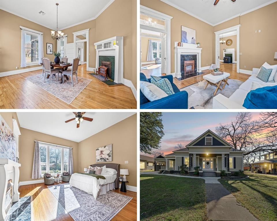 Charming traditional 3-bedroom, 4-bathroom home in Hillsboro, Texas! This 2,058 square foot home sits on 0.4 acres in the Hillsboro School District and features beautiful original hardwood floors throughout. The home showcases 5 gas working fireplaces, adding warmth and character to multiple rooms. The impressive 14-foot ceilings create a grand, open feel throughout the home. The formal dining room provides elegant space for entertaining. The galley style kitchen features stainless steel appliances that convey with the sale, granite countertops, and a gas range. All appliances convey with the sale, including the washer and dryer. A separate laundry room adds convenience. The home includes decorative lighting throughout for ambiance and style. The primary bedroom and one additional bedroom have en suite bathrooms, while the third bedroom is conveniently located near a full bathroom, offering privacy and convenience for everyone. The home has been well-maintained with significant recent updates. New windows were replaced 1 year ago for improved energy efficiency. The roof was replaced in 2025, and central air and heat was replaced 5 years ago. Outside, enjoy a large front porch perfect for relaxing. The property includes a 2-car carport for covered parking. The large backyard is fully fenced with a privacy fence and features lots of mature trees for shade and natural beauty, plus a storage shed for additional storage space!