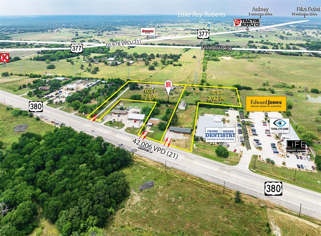 Lund Realty is proud to present a FANTASTIC INVESTMENT OPPORTUNITY ON HWY 380! - ONE OF THE LAST REMAINING. Nearly 4 AC Infill Commercial Lot at East Highway 380 Boasting a PRIME Location Between Major Arterial Intersections with Multiple Access Points Onto Highly Trafficked U.S. Highway 380, Ensures High Visibility With Daily Traffic Counts of Over  42,000 Vehicles Per Day. Enhanced by A Strong Mixture of Major National Retailers Like Walmart, Future HEB, Starbucks, McDonald's, CVS,  and others. With Mixed Commercial Zoning, Level Topography, and OUTSIDE of 'Project Alpha' Zoning Overlay, This Site Would be Suitable for Multiple Business Users Or a Retail Development. Water line is at the street and wastewater is nearby. This offering is for Lot-1 Only, 3 Buildings Including a Horse Barn – Can Be Refurbished. Lot-2 is available. Please inquire with the broker for further information.