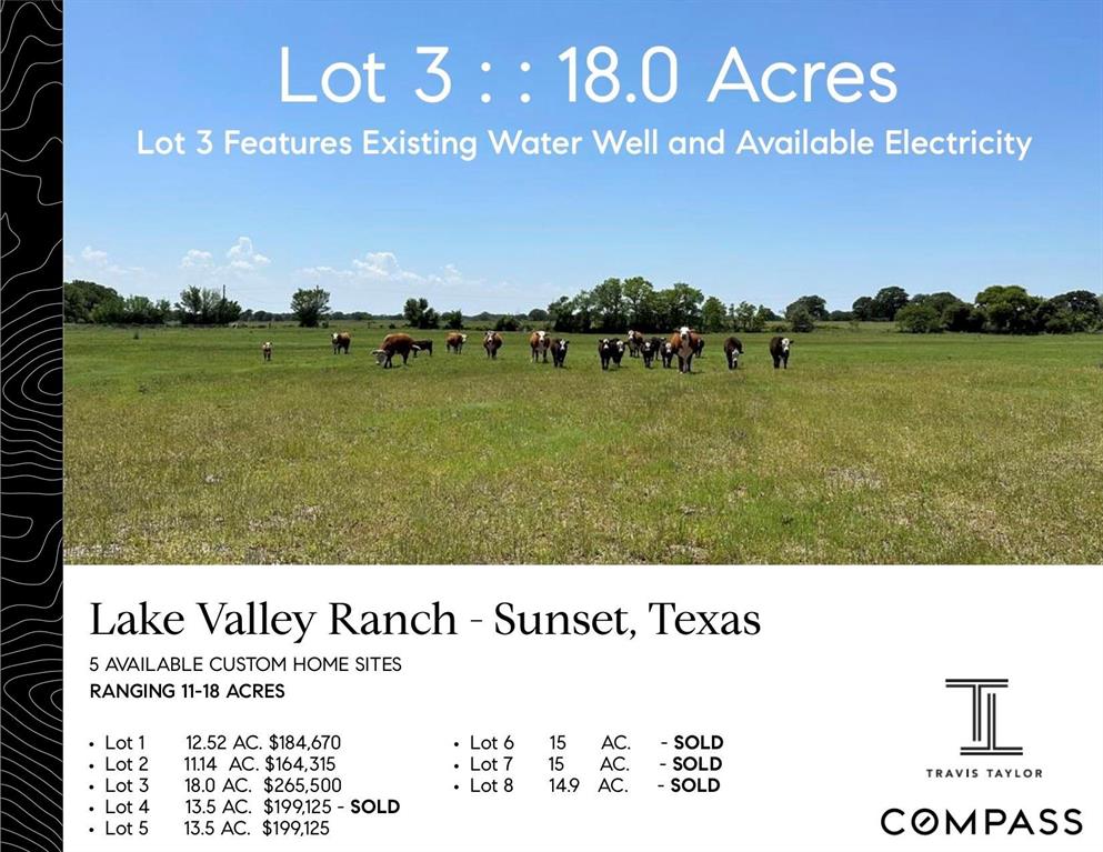 LOT 3 : : Welcome to Lake Valley Ranch in beautiful Sunset, Texas. Lake Valley Ranch is offering 5 available custom home sites varying from 11 acres up to 18 acres. Enough room for the entire family and all the animals! Outside of city limits and ag exempt, enjoy low property taxes. N Texas Rolling Hill land scape paired with mature trees throughout the property you will enjoy the privacy, peace and quiet of living in the country. Minimally restricted lots create a stunning blank canvas and back drop for your dream home and barn set up. Lots 2,3 & 4 have a pond or access to. Enjoy the slow pace country lifestyle yet Ideally located less than an hour to big city amenities such as Alliance Town Center. Only 1 hour to Downtown Fort Worth, DFW Airport, Southlake. See cover photos for pricing on other available lot at Lake Valley Ranch 
Survey and development layout are posted in photos.
LOT 3 OFFERS EXISTING WELL AND ELECTRICITY