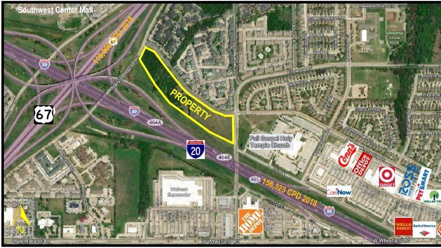 Freeway campus site with road frontage on all sides.  TxDOT is currently building new frontage roads along the IH-20 frontage which will enhance access and exposure.   It is generally at the northeast corner of IH-20 and US-67, but city streets on the other two sides.  This is a great campus site with many options.  It is generally level with one small creek that has some flood plain.  It is zoned MU-2 Mixed Use in Dallas for mixed uses.  City does not want tax credit housing here.  Partial sales considered.